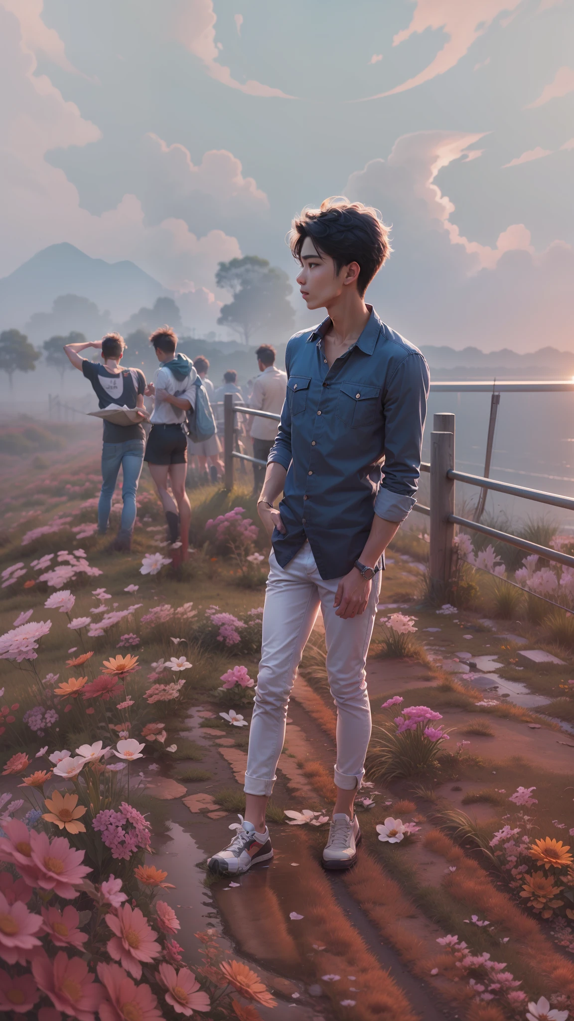 Change background with nature sun set, don't change cloth, handsome boy,