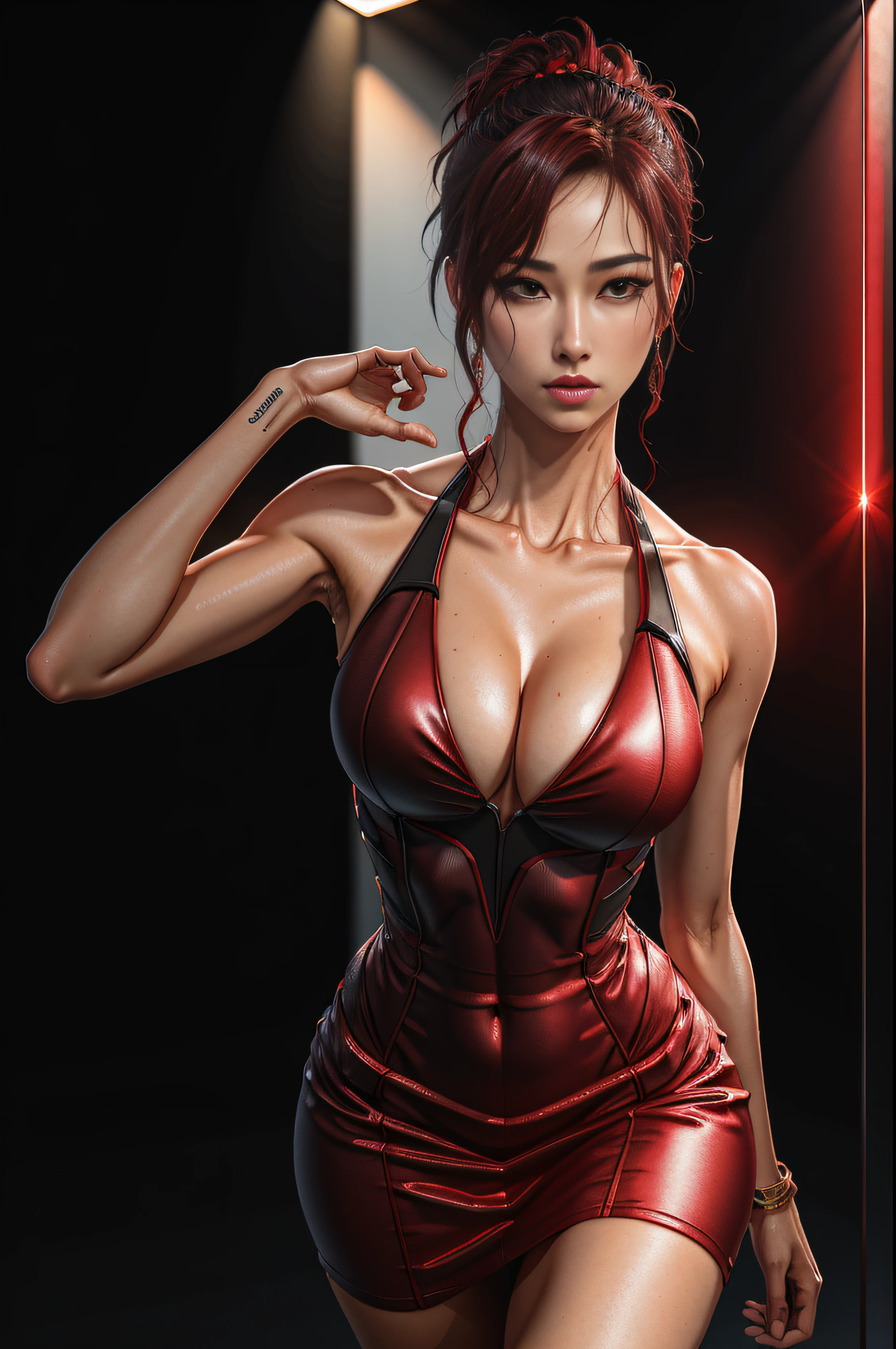 Ace, 4k, High Resolution, Masterpiece, Best Quality, Head: 1.3, (Korean K-pop Idol), Fine Skin, Sharp Focus, (Cinema Lighting), Clavicle, Morning, Soft Light, Dynamic Angle, [: (detailed face:1.2):0.2], armpit wrinkles, thigh gap, red dress, slim, mid-chest, cleavage, full body,