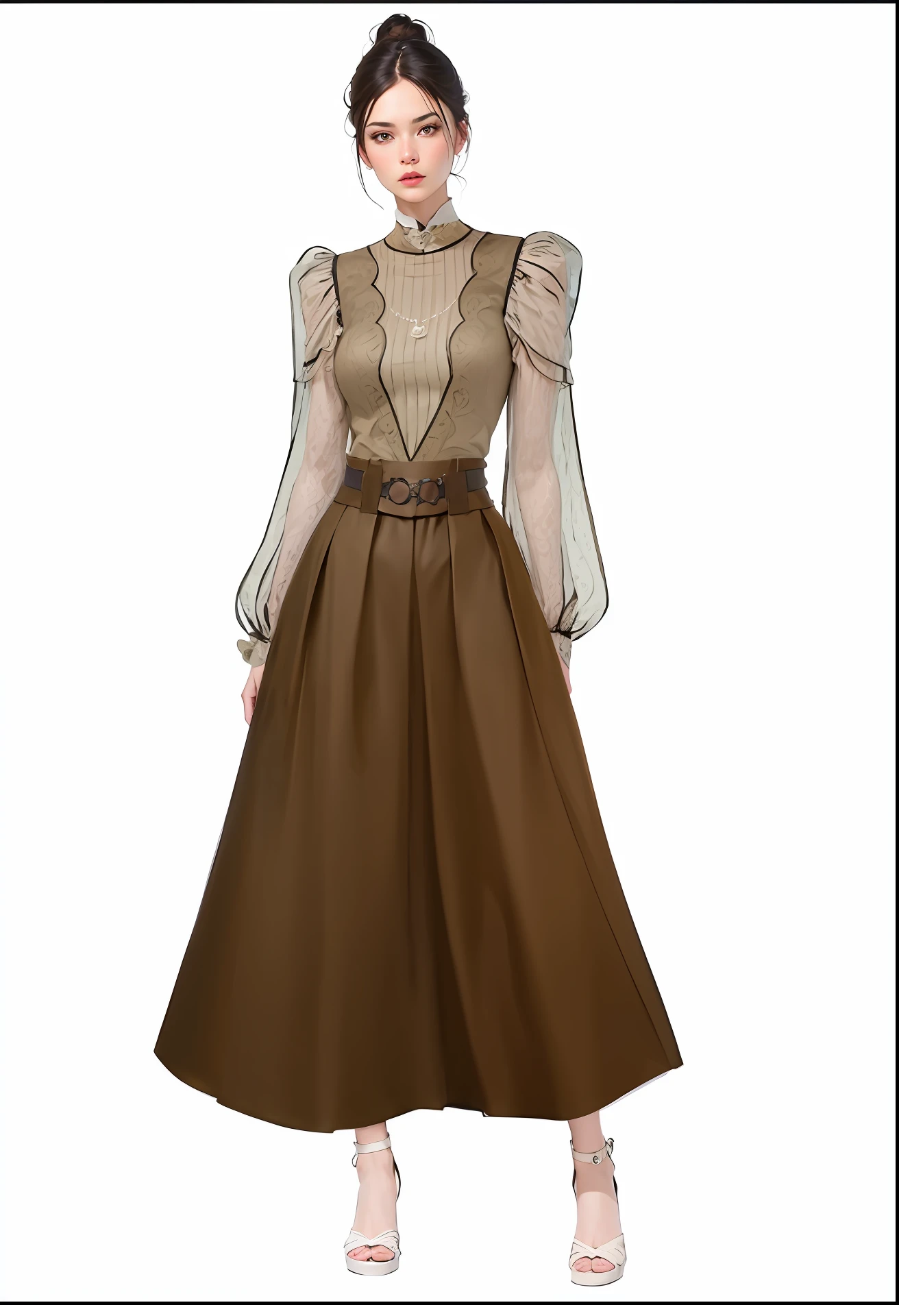 A woman in a brown dress and brown blouse, Women's long skirt, in detailed steampunk dress, victorian inspired clothing, art nouveau dress, digital art of an elegant, clothing design, Femme, 1930s style clothing, Victorian dress, fantasy style clothing, victorian style costume, Steampunk clothes, frock, Full body view, full-body view, Women's clothing - IW2