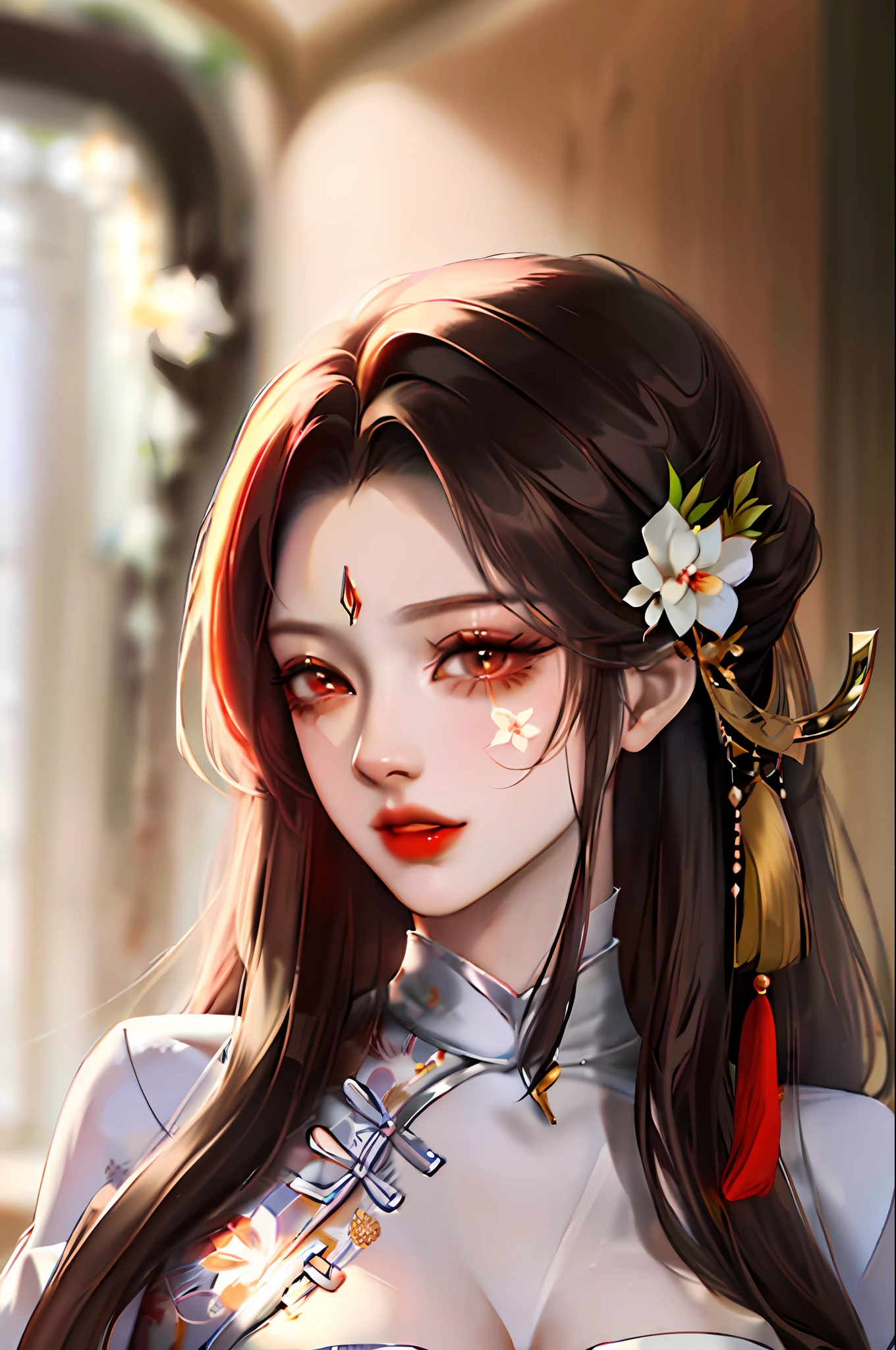 1girll,Upper body,fashi-girl,china dress,Chinese clothes,hair flower,(Masterpiece:1.4),(Best quality:1.4),(Shiny skin),Red lips,view the viewer,Large breasts,parted lip，Su Tan'er
