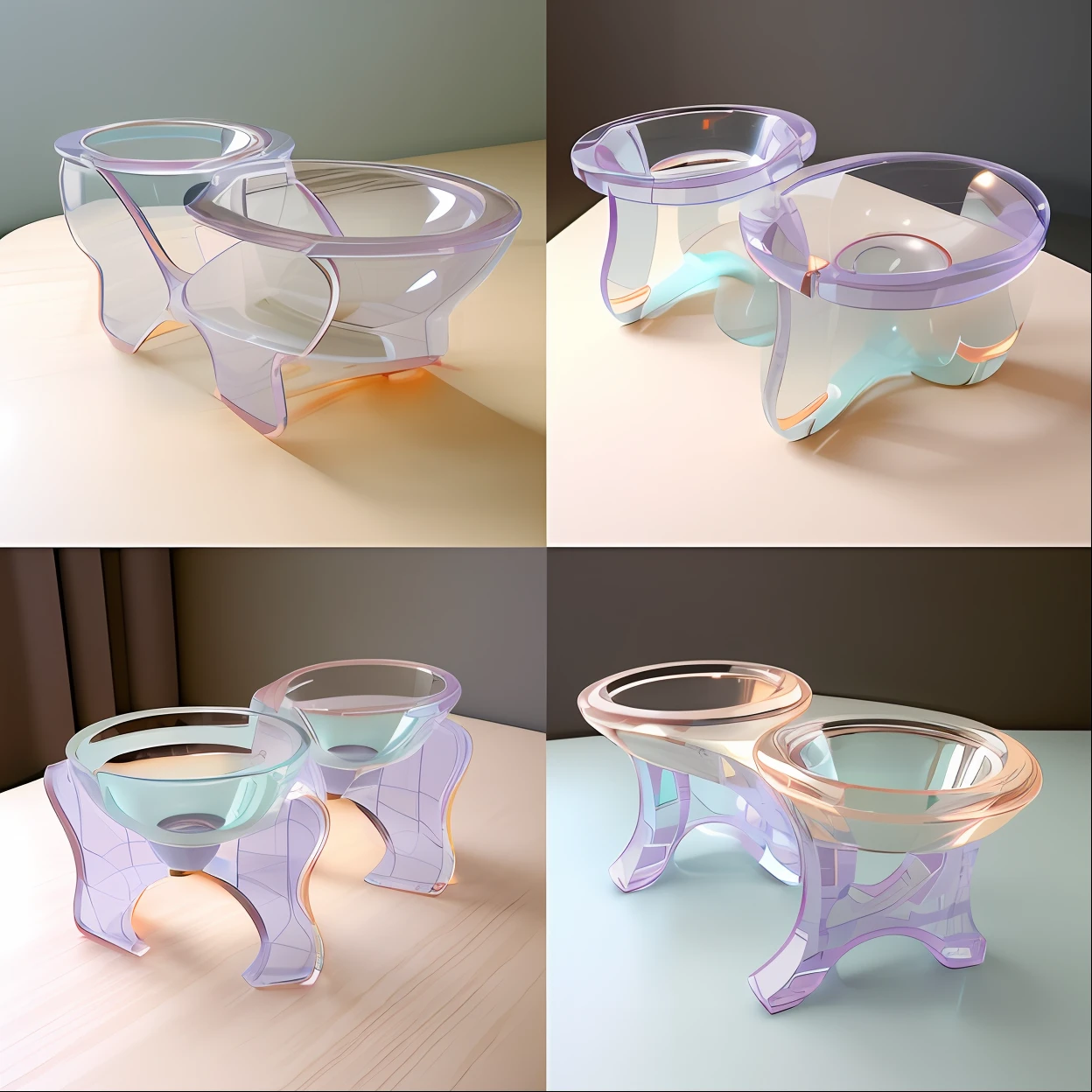 Four different toilet images,With transparent seat and transparent toilet, product design render, surreal glass goblets, rendered in octane 3d, photorealistic 3d render, photorealistic 3d render, 3 d product render, denoised photorealistic render, semi - realistic render, 3 d photorealistic render, high poly vray render, 3 d rendered