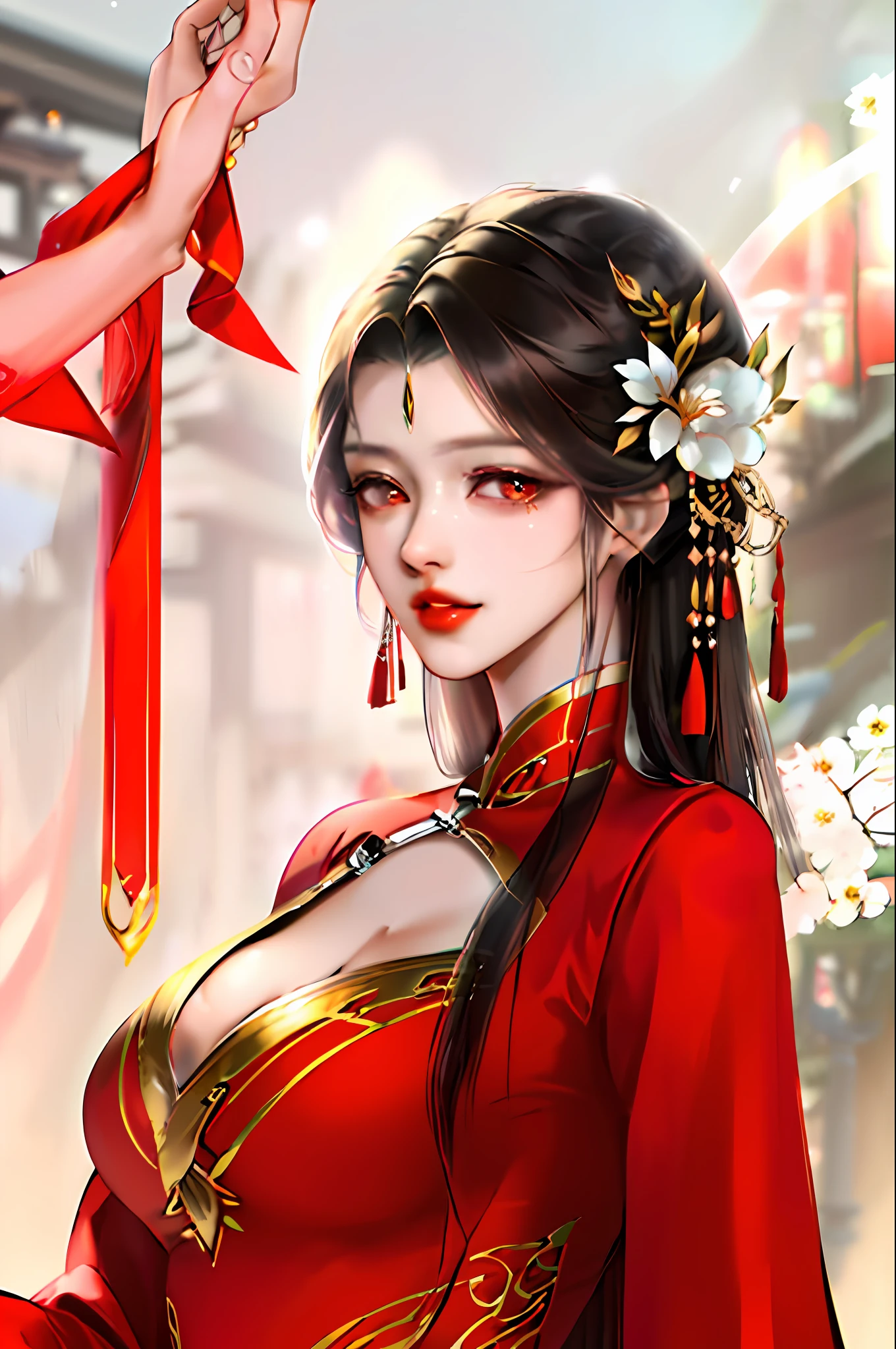 1girll,Upper body,fashi-girl,china dress,Chinese clothes,hair flower,(Masterpiece:1.4),(Best quality:1.4),(Shiny skin),Red lips,view the viewer,Large breasts,parted lip,Su Tan'er