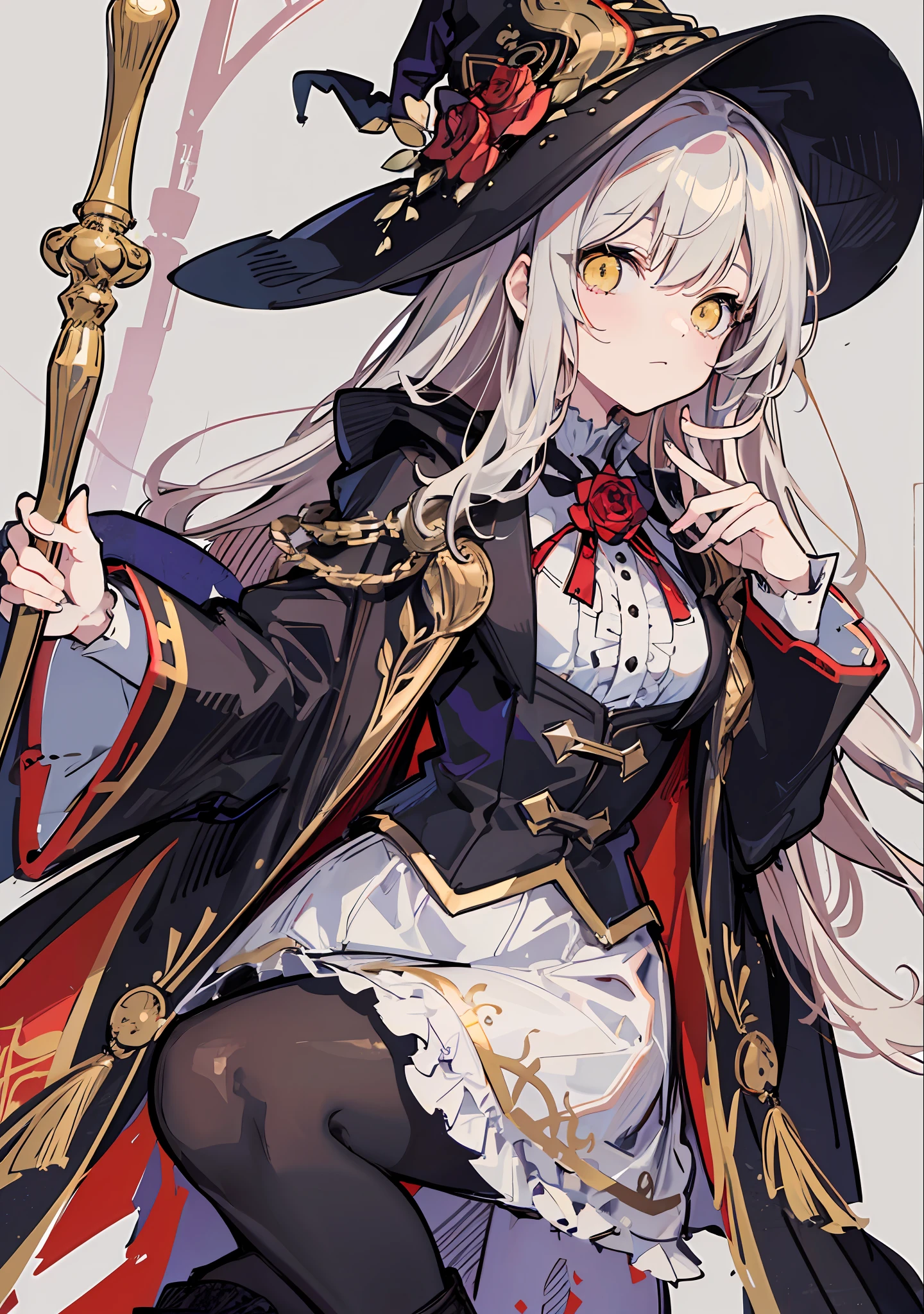 White long hair, bangs, yellow eyes, witch, witch hat, fantasy, fantasy style, shepherd's staff, black robe, Victorian clothes, aristocratic clothes, long brown boots, black tights, frill, library, lace cuffs, black elements of clothing, red elements of clothing, white elements of clothing, yellow elements of clothing, dark, dim light, puffy hair, red rose on a hat, hair sticking out, ((sketch, sketch style, pastel style, dull colors, soft colors))