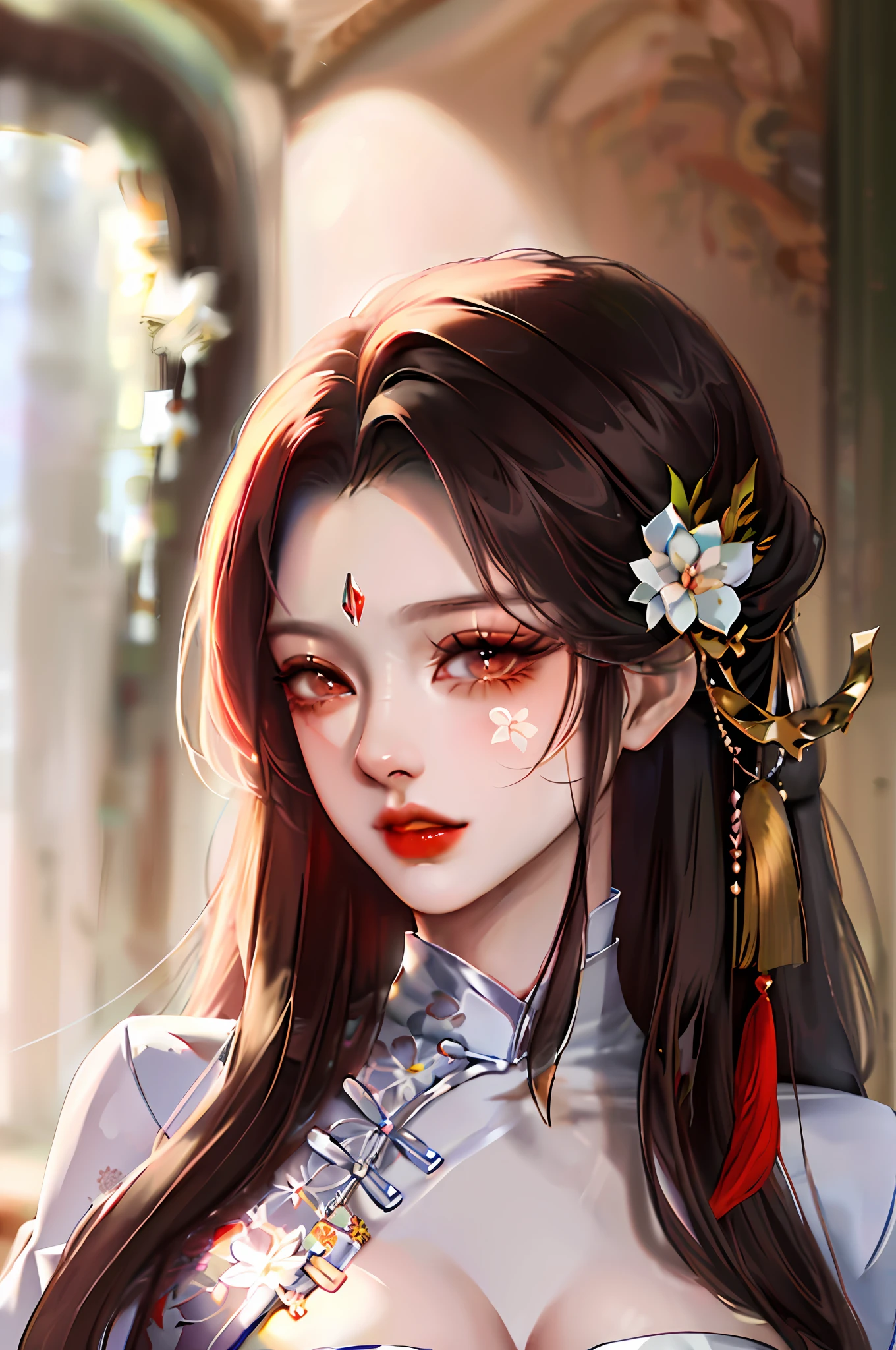 1girll,Upper body,fashi-girl,china dress,Chinese clothes,hair flower,(Masterpiece:1.4),(Best quality:1.4),(Shiny skin),Red lips,view the viewer,Large breasts,parted lip,Su Tan'er,Need