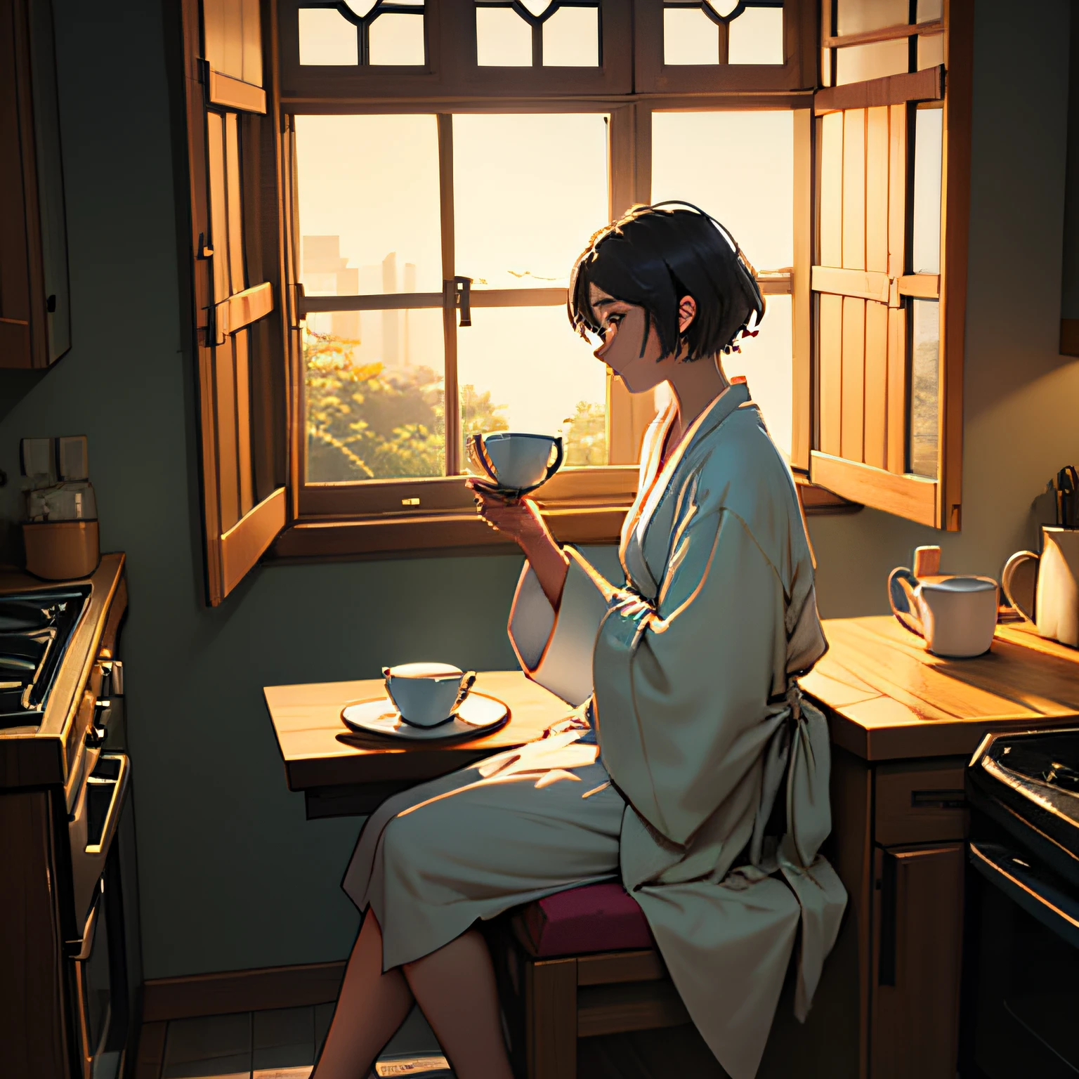 A girl with short hair is sitting in the kitchen at the table, holding a cup of tea and enjoying it, She is wearing a house robe and black fluffy slippers, Beside her is a window that shows the dawn, It was early morning --auto