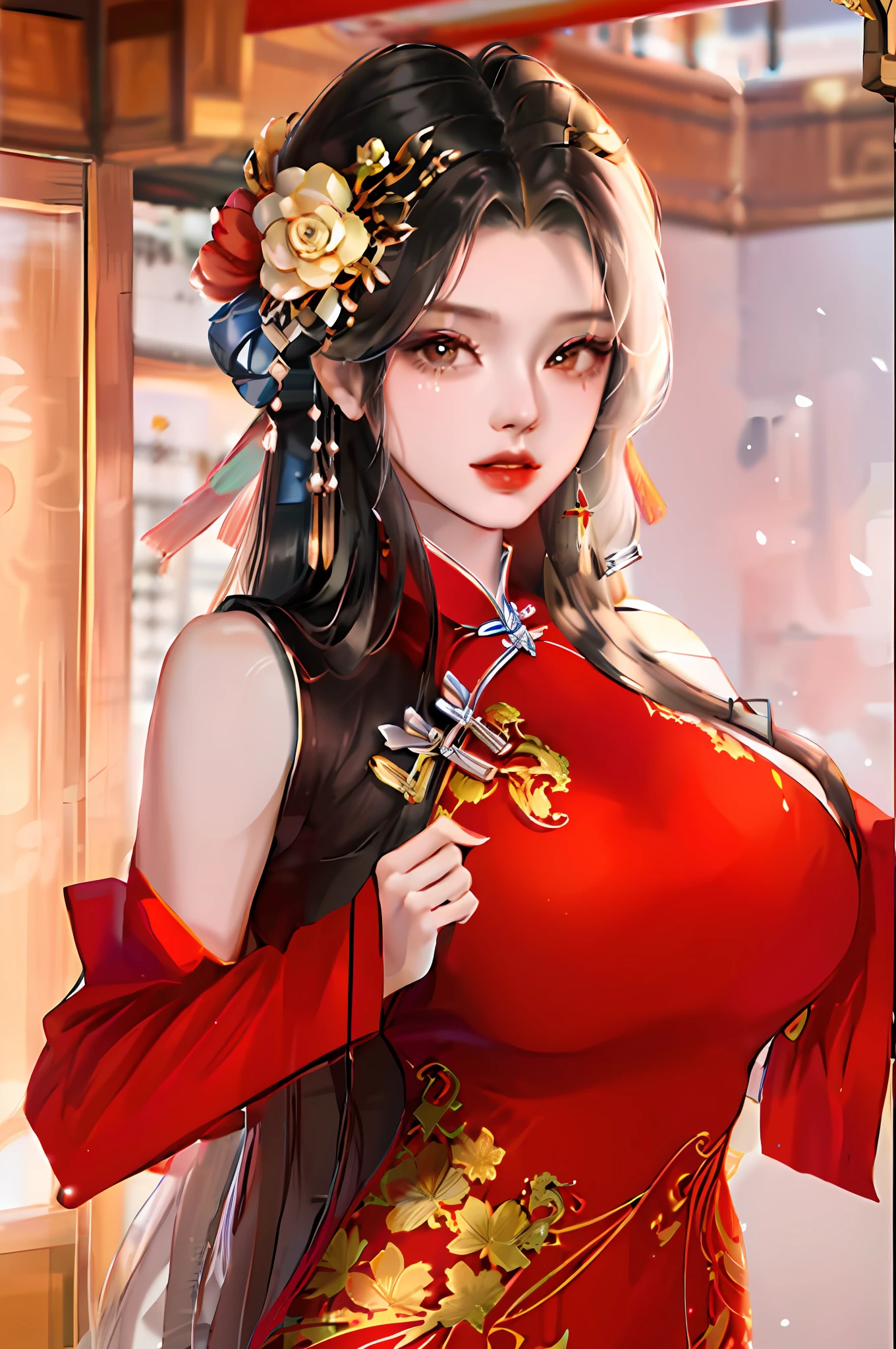 1girll,Upper body,fashi-girl,china dress,Chinese clothes,hair flower,(Masterpiece:1.4),(Best quality:1.4),(Shiny skin),Red lips,view the viewer,Large breasts,parted lip,Su Tan'er,Need
