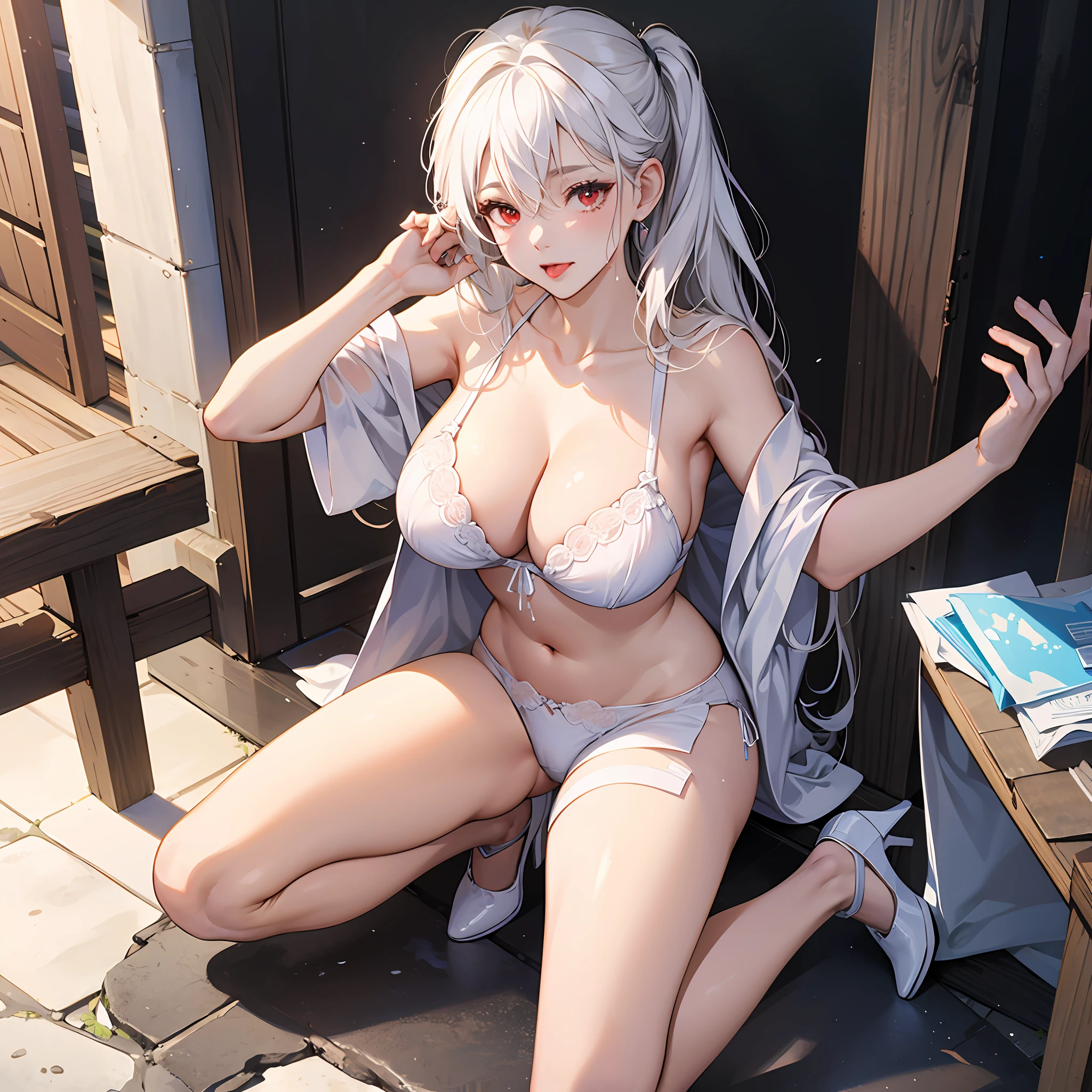 Kizi， full bodyesbian，White color hair，Two ponytails，Red eyes ，very detail eyes，Very detailed hair，（A white bikini）， kneels on the ground， On the street，Tiptoeing，opening legs，M-shaped legs， （Be red in the face：1.2）， Stick out your tongue，Hands holding your head out of sight，Fingers are blocked， （Moisturizes the body1.2），White liquid，（ Perspective below），（Sagging breasts1.2），（Huge breasts 1.2），（Anatomically correct 1.3），briefs exposed，Bra exposed，（white stockings），high-heels，Open crotch tong，（Wet with all over the body），Wet underwear，Cloudiness of facial fluid，There is a lot of white liquid on the thighs，There is a lot of white liquid under the panties，There is a lot of white liquid on the ground，（extremaly detailed cg），8K，The is very detailed，（A high resolution），（very detail eyes，Very detailed hair） ，The expression is shy