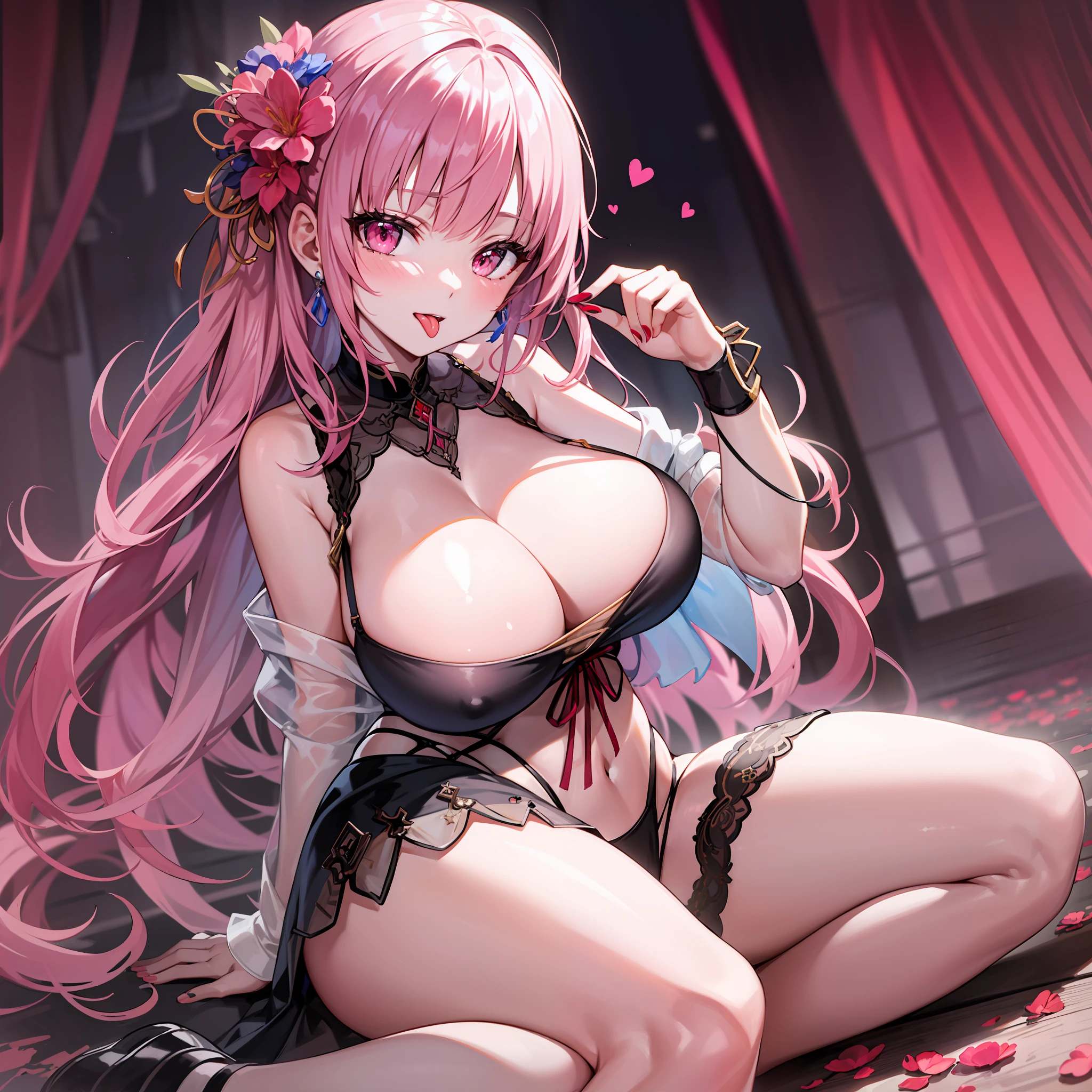Best quality,Amazing,Masterpiece,Delicate,超高分辨率,Ultra detailed,intricately details,Beautiful detailed,8K resolution,(Extremely detailed Cg Unity 8K wallpaper),Sharp focus,((No text)),breast conscious,gigantic cleavage breasts,Areola Slip,Covered,Bursting breasts,Lively breasts,framed breasts,High transparent gauze light pink mini bikini,High transparent gauze light pink mini bikini,High transparent gauze light pink mini bikini,Tongue stock,Makeup,cheerfulness,Reflectors,ahegao,Pink eyes,Heart earrings,1,Solo,Female pervert,view the viewer,hair flower,Long hair,multicolored hair,Shiny hair,Barefoot,Bottomless,Thick thighs,Bare legs,Thighs open, Thighs open