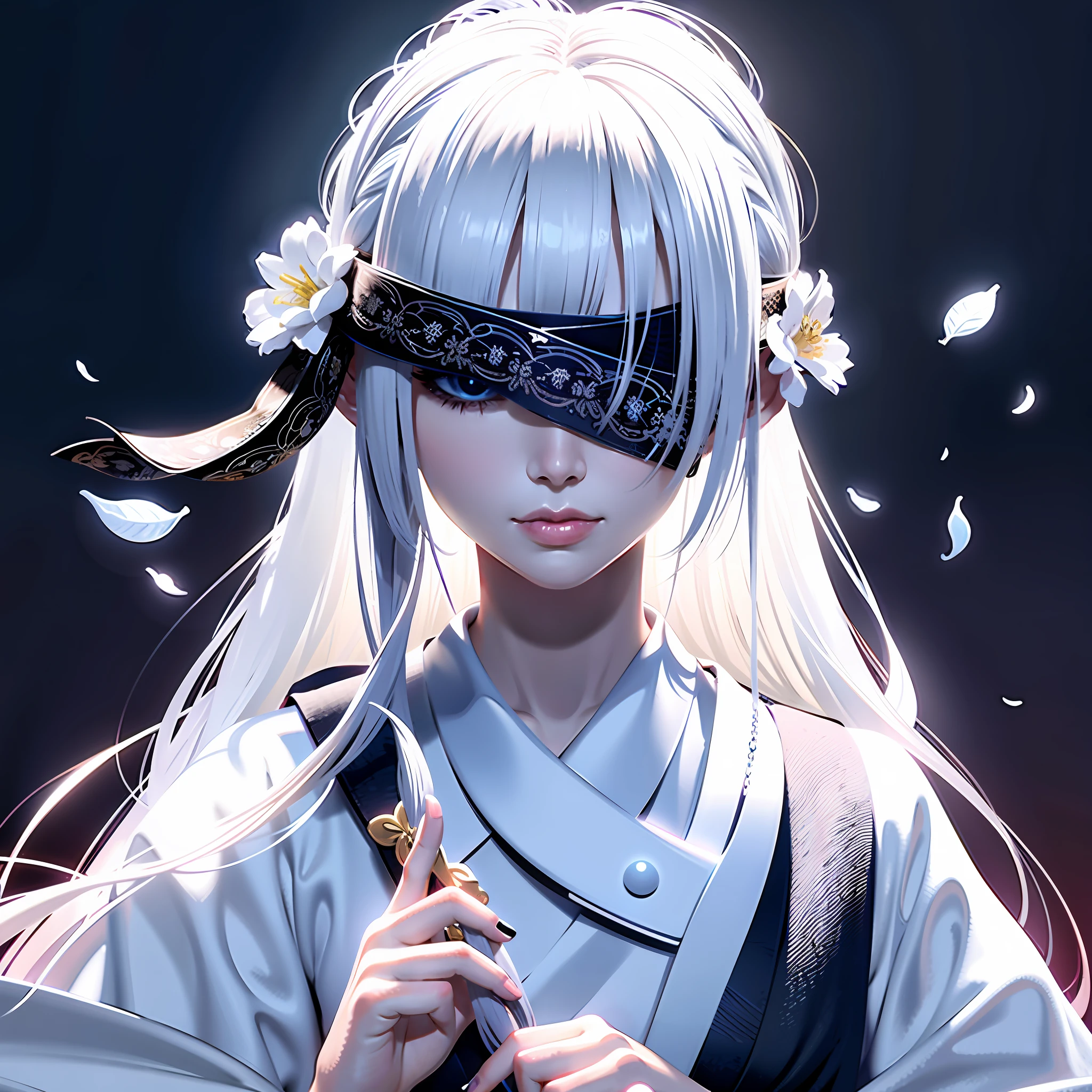 8K,best qualtiy,tmasterpiece,超高分辨率,Epic and beautiful character art,Stunning character art,A woman wears a black cloth band to cover her eyes,Gray hair,Anime girl with flowers in her hair, Gray background,This is a detailed Onmyoji style art,Whiten face,frostbite,Silk robes,Very beautiful girl,The blind freedom of a few,style of anime4 K, Anime wallpaper 4K, White-haired god, anime styled 3d
