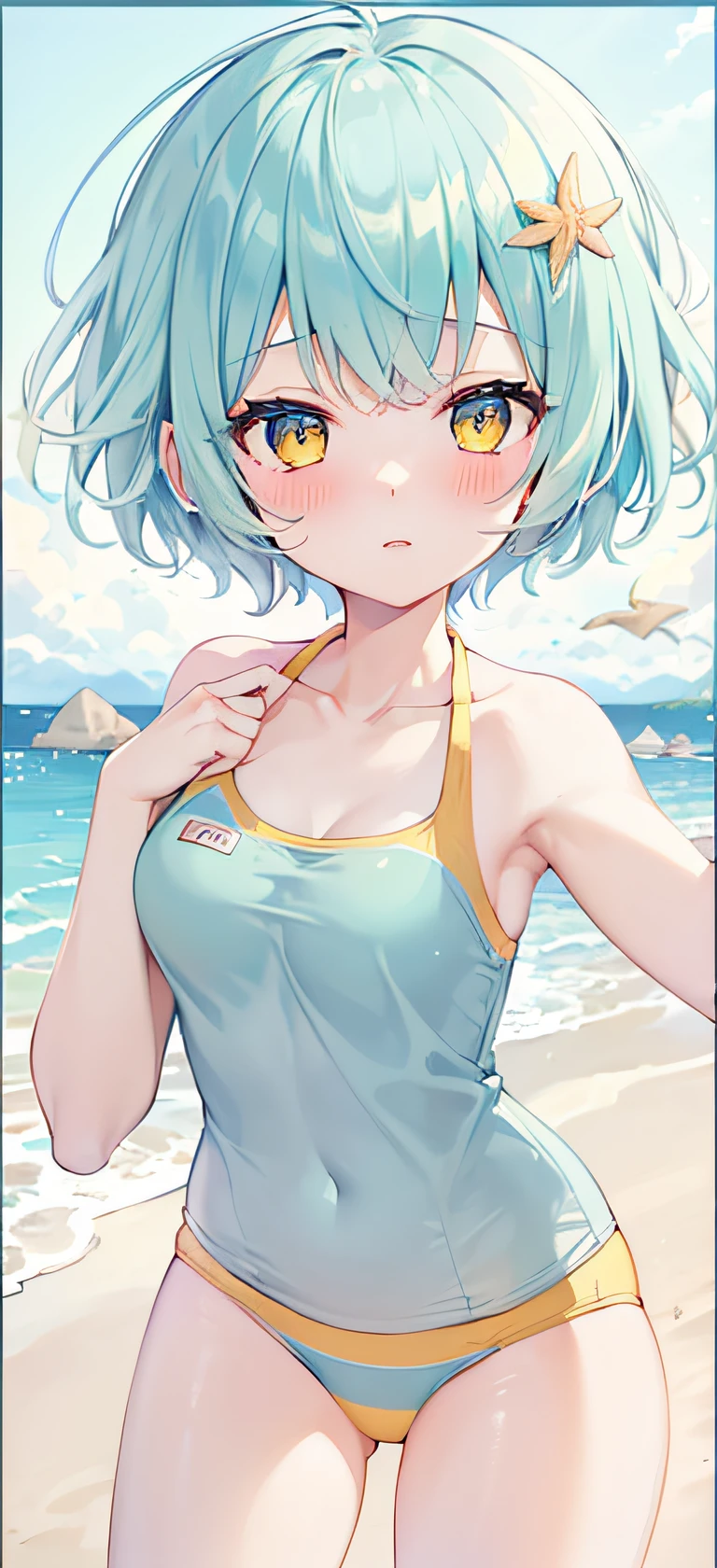 1girl,light blue short hair,light yellow eyes,beach,swimsuit,cute,blush,medium breast,cumulonimbus,best quality++,highest quality++
