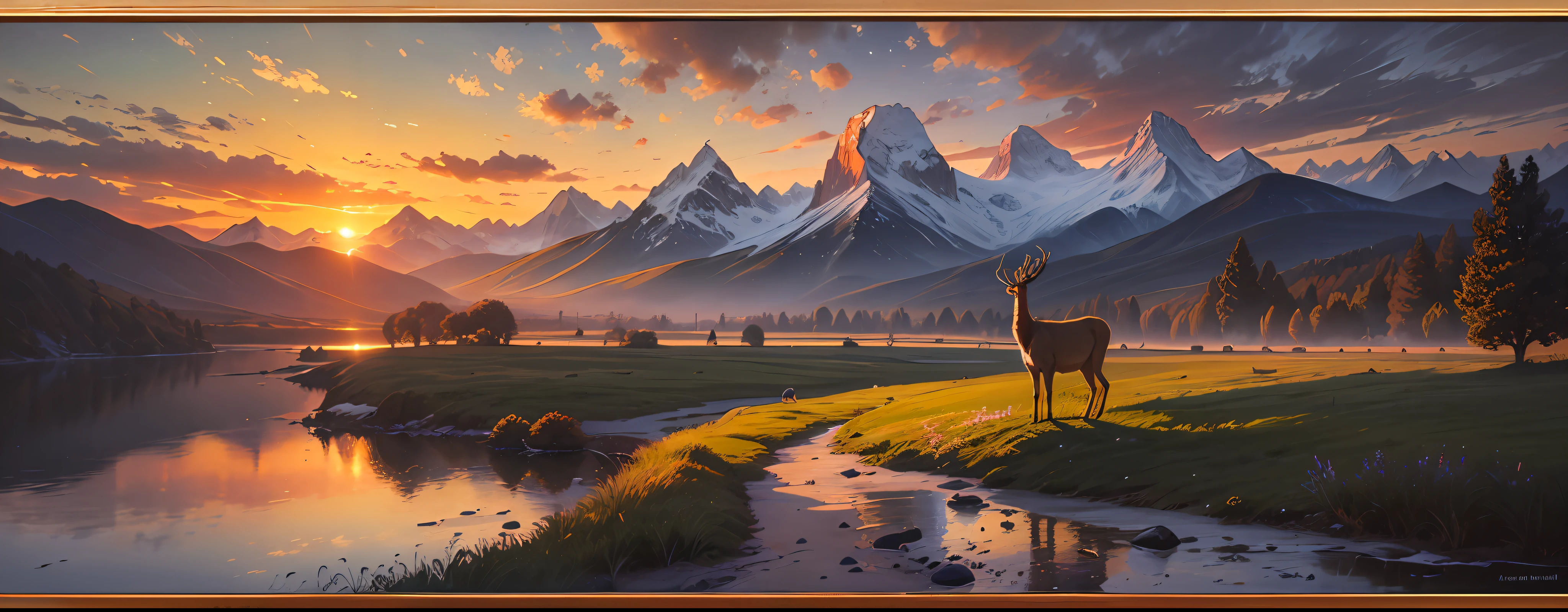 Artwork, masterpiece, painting, impressionism. Monet, van gogh, most beautiful image in the world, awe-inspiring, sunset with mountains in the distance and a plain and a deer with large and majestic antler, orange and blue and purple twilight light, hdr, wide angle, long exposure, rule of thirds --auto