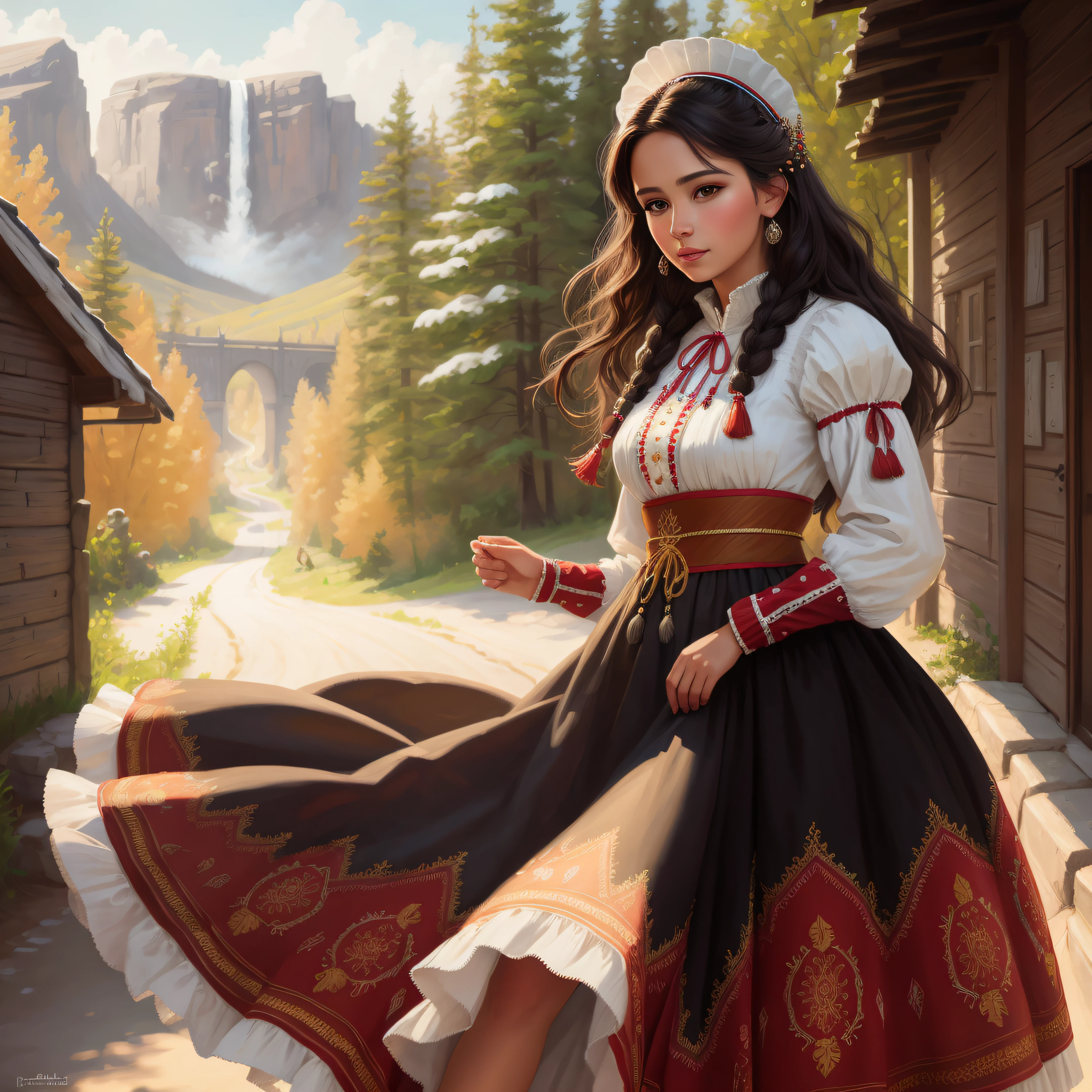 North American Beautiful Woman, Traditional Dress, Detailed, Hyper Realistic, 8k, UHD, Full Color, Digital Painting, Cinematic Beautiful Background