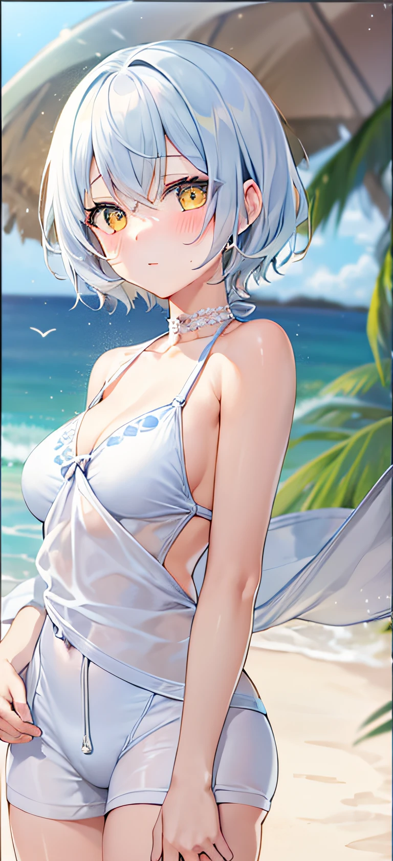 1girl,light blue short hair,light yellow eyes,beach,swimsuit,cute,blush,medium breast,cumulonimbus,best quality++,highest quality++