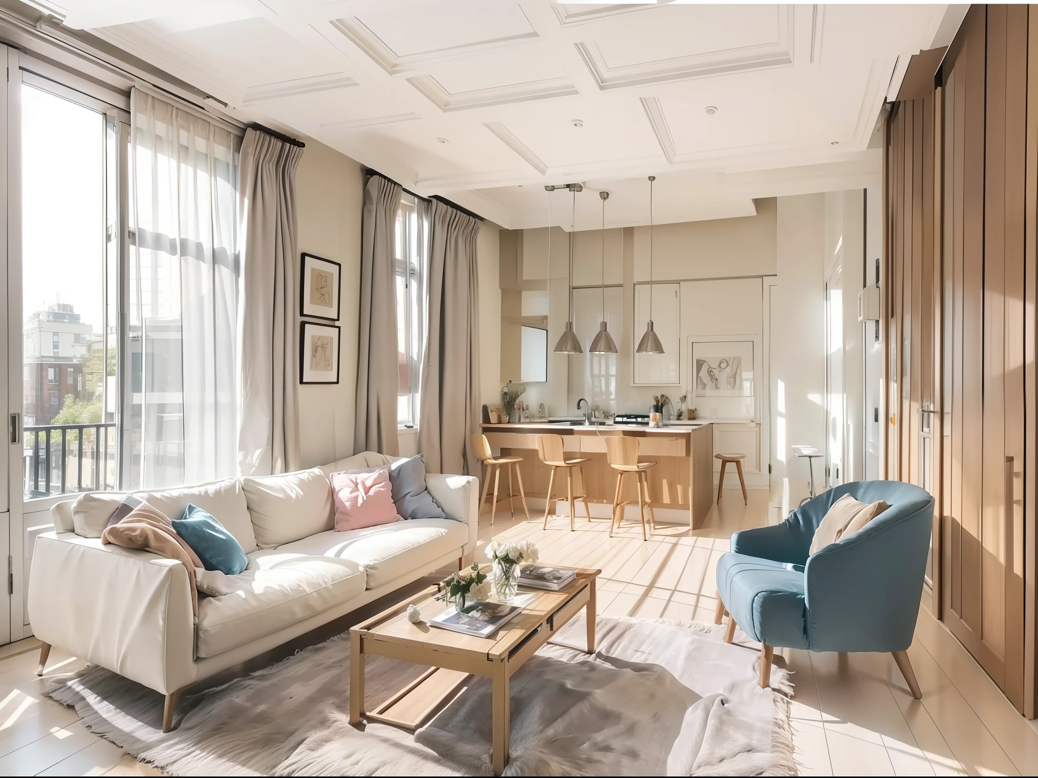 a sketch of a beautiful modern living room, (((foster and partners, artists impression, artistic impression, by Hamish MacDonald, by Carey Morris, by David Brewster, higher detailed illustration, by Helen Berman, an illustration, detailed illustration, by Nick Fudge, by Warren Mahy, artist's impression))), a kitchen cabinet behind the white sofa, with minimal pictures on the wall, linen curtain next to the classroom window, coffee table, modern wood, ceiling with magnetic emissive lighting, white fabric PRB textures, wooden floor PRB texture,