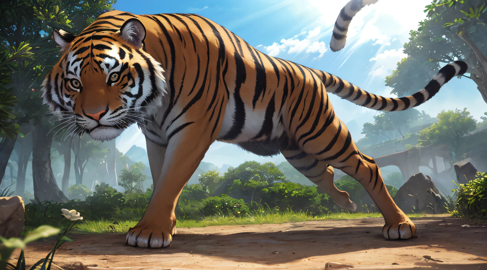 a tiger、独奏、full body Esbian、, surrealism, Cinematic lighting, god rays, Backlighting, letterbox, Lens Flare, nffsw, masutepiece, high details, Super Detail, Best Quality, hight resolution