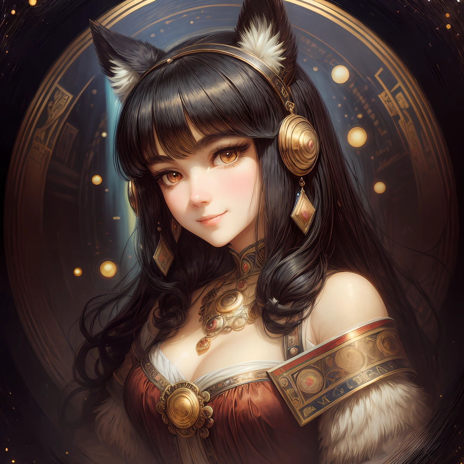 black hair, hair bobbles, wince, longeyelashes, solid circle eyes, fake animal ears, light smile, ear blush, fang, drop shadow, anaglyph, stereogram, tachi-e, pov, atmospheric perspective, Cubist Futurism, Northern Renaissance, Dutch Golden Age painting, by Alfons Mucha, 8k, super detail, ccurate, best quality, UHD --auto