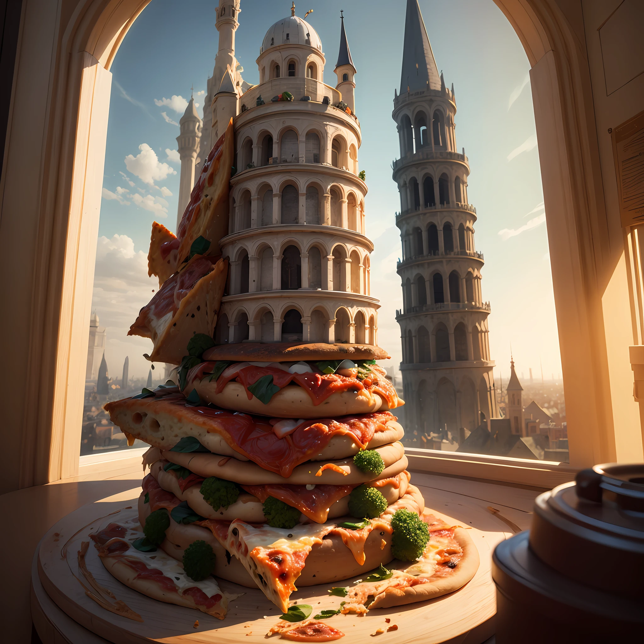 Leaning tower of Pizza, concept art, 4k
