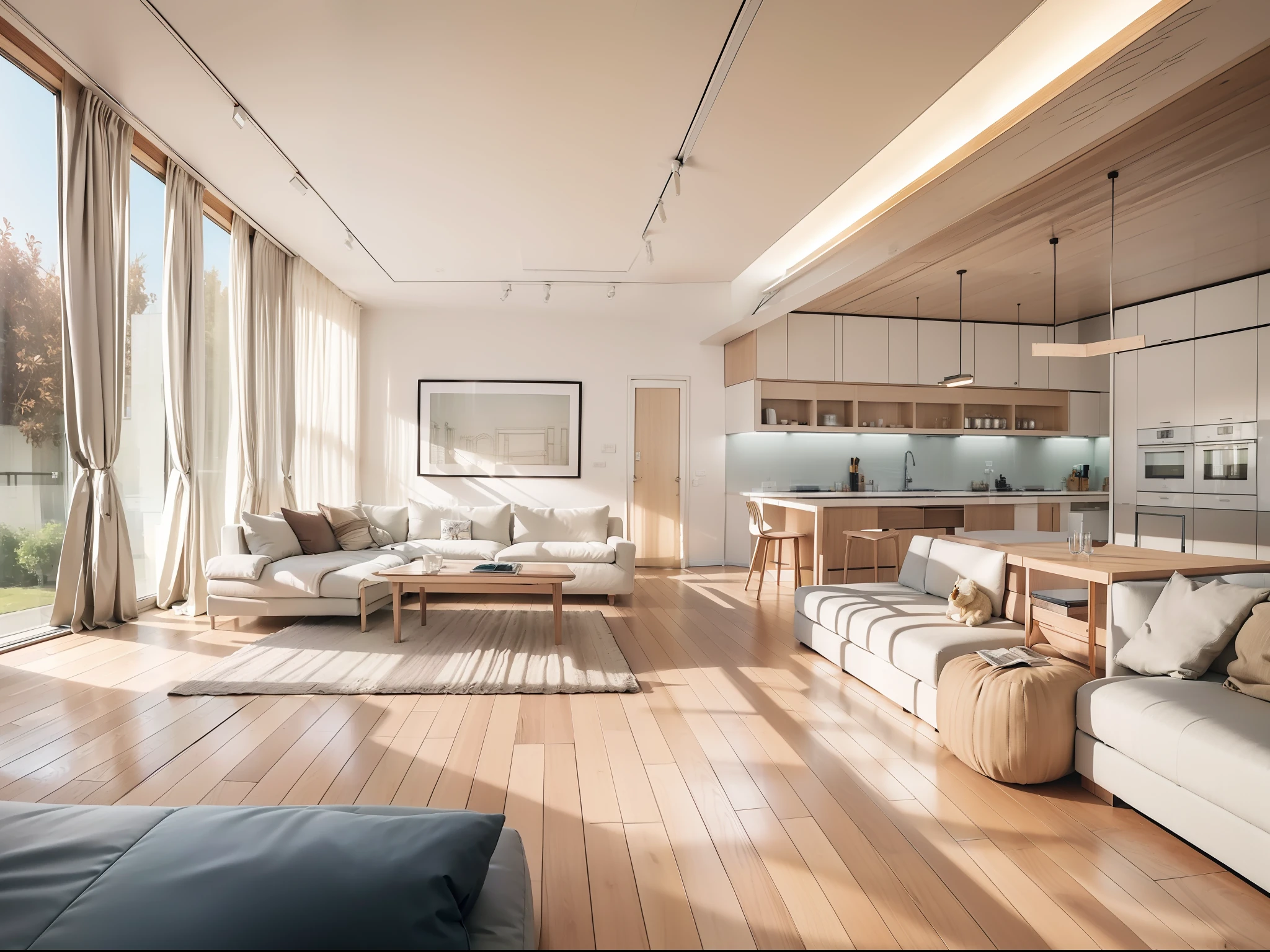 a sketch of a beautiful modern living room, (((foster and partners, artists impression, artistic impression, by Hamish MacDonald, by Carey Morris, by David Brewster, higher detailed illustration, by Helen Berman, an illustration, detailed illustration, by Nick Fudge, by Warren Mahy, artist's impression))), a kitchen cabinet behind the white sofa, with minimal pictures on the wall, linen curtain next to the classroom window, coffee table, modern wood, ceiling with magnetic emissive lighting, white fabric PRB textures, wooden floor PRB texture,