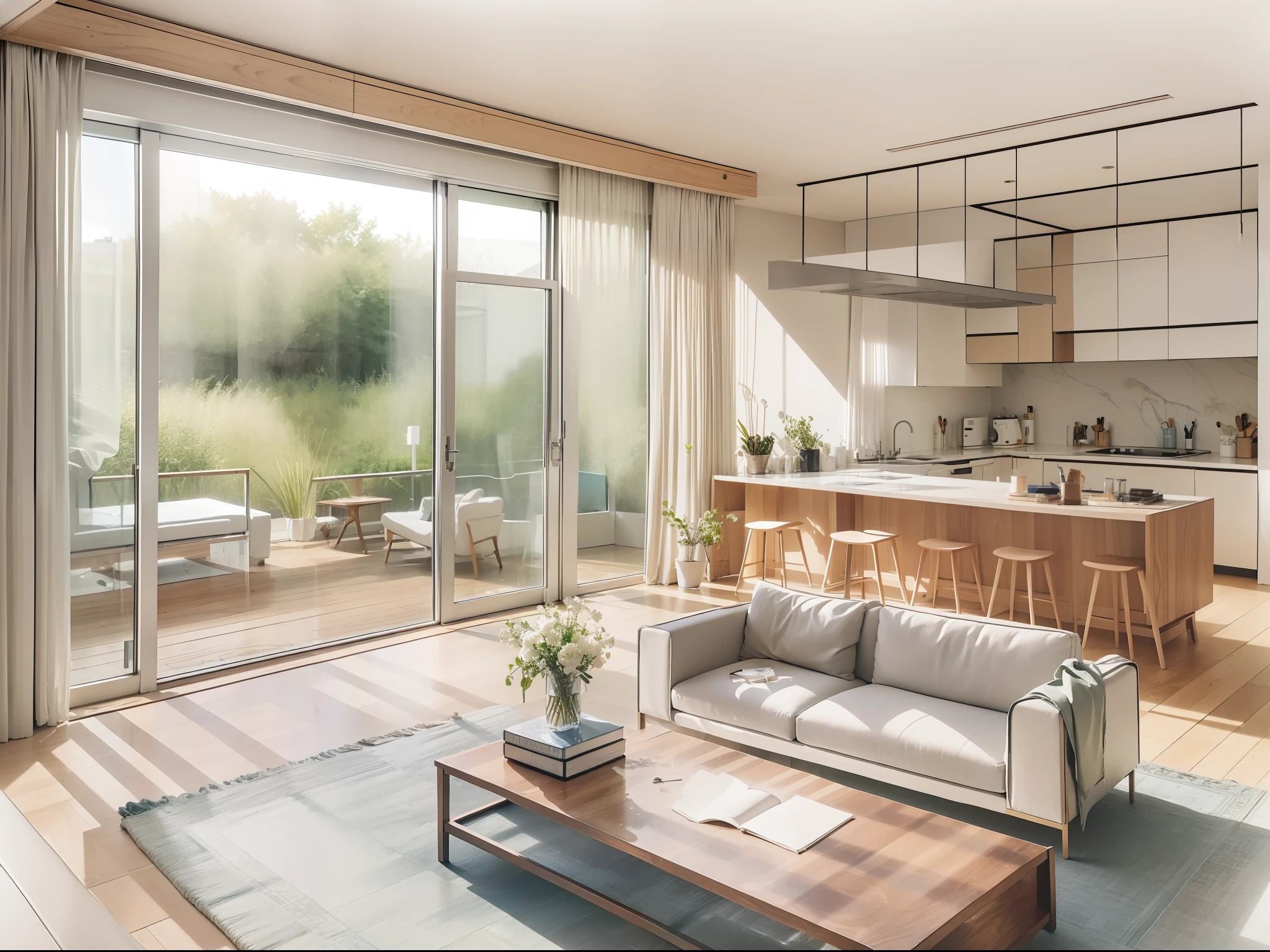 a sketch of a beautiful modern living room, (((foster and partners, artists impression, artistic impression, by Hamish MacDonald, by Carey Morris, by David Brewster, higher detailed illustration, by Helen Berman, an illustration, detailed illustration, by Nick Fudge, by Warren Mahy, artist's impression))), a kitchen cabinet behind the white sofa, with minimal pictures on the wall, linen curtain next to the classroom window, coffee table, modern wood, ceiling with magnetic emissive lighting, white fabric PRB textures, wooden floor PRB texture,