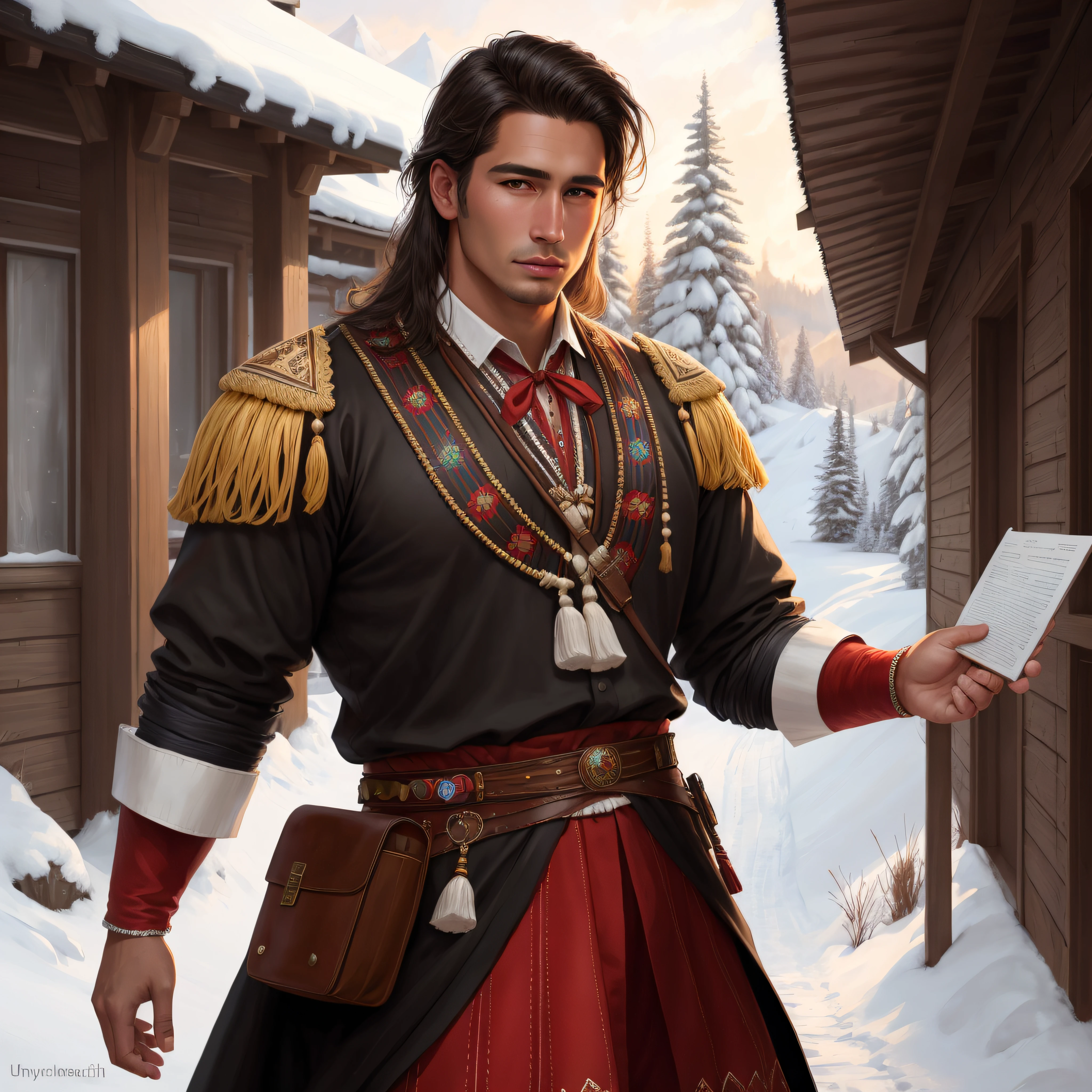 North American Handsome man, Traditional Dress, Detailed, Hyper Realistic, 8k, UHD, Full Color, Digital Painting, Cinematic Beautiful Background