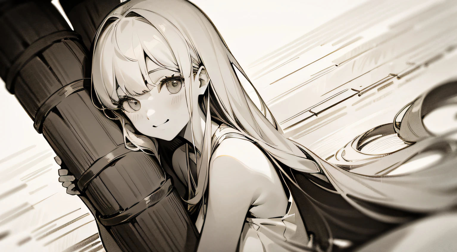 illustratio，Monochrome line drawings，1个Giant Breast Girl，long whitr hair，Detailed eyes，Forrest gump，exposed bare shoulders，Hanfu，lakes，pure，softl smile，bamboos，teas