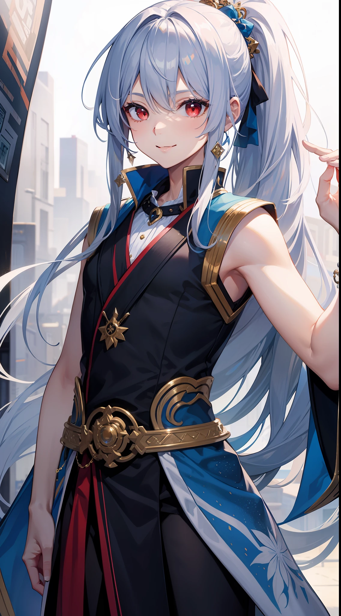 Young guy, Long white hair, high ponytail, red eyes, blue sleeveless kimono, ssmile, Masterpiece, hiquality