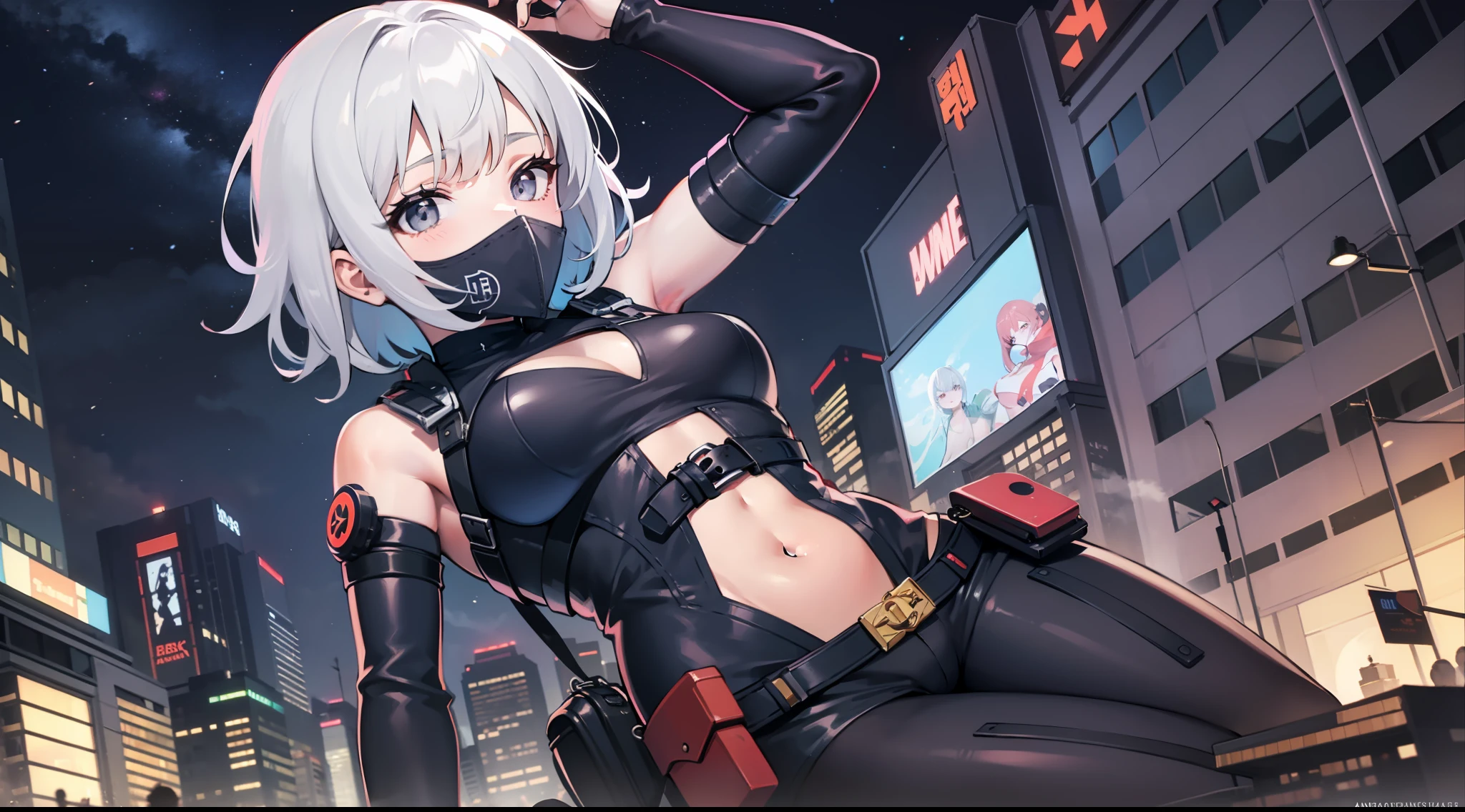 Lucy \(Cyberpunk\),
1girl in, Arm up, Asymmetrical hair, Belt bag, body suit, covered mouth, Covered navel, Detached sleeves, grey eyes, hip vent, Holding, holding weapon, Looking at Viewer, Night, nigh sky, Pouch, Short hair, skyporn, Solo, arma, White hair, wire, Short shorts, Shorts, Open jacket,