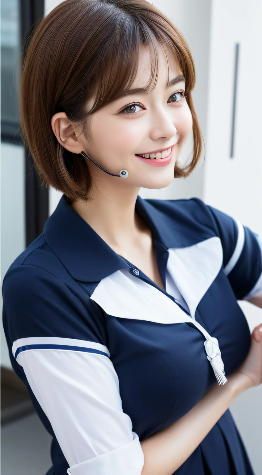 ((top-quality、8k、​masterpiece:1.3))、Crisp focus、1 girl in、Slim Beauty:1.3、brown haired、delicate hair、(huge tit:1.3)、(layers-Cut)、(short-cut)、A detailed eye、二重まぶた、Cute smile、closes mouth、(cute little)、Soft skin、Whole body、A hyper-realistic、Detailed cabin、((Cabin attendant with detailed customer support))、((Detailed Cabin Attendant Uniform、Latest Uniforms))