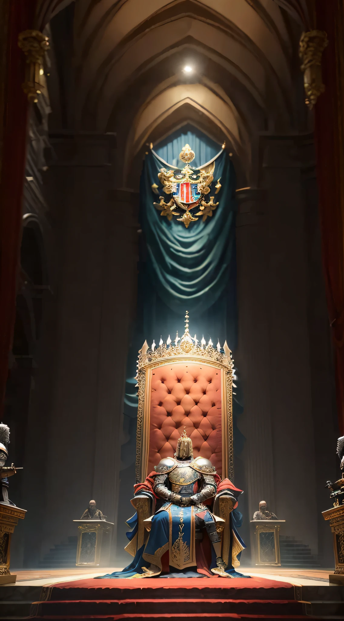 ((masterpiece)), ((best quality)), 8k, high detailed, ultra-detailed,
King Arthur sitting on a magnificent throne, exuding seriousness and majesty. Surrounding him are his loyal knights and subjects, showcasing his reign and authority.
The scene includes: King Arthur, ((knights in shining armor)), ((obedient subjects)), majestic throne, grand hall.
King Arthur, knights in shining armor, obedient subjects, majestic throne, grand hall.