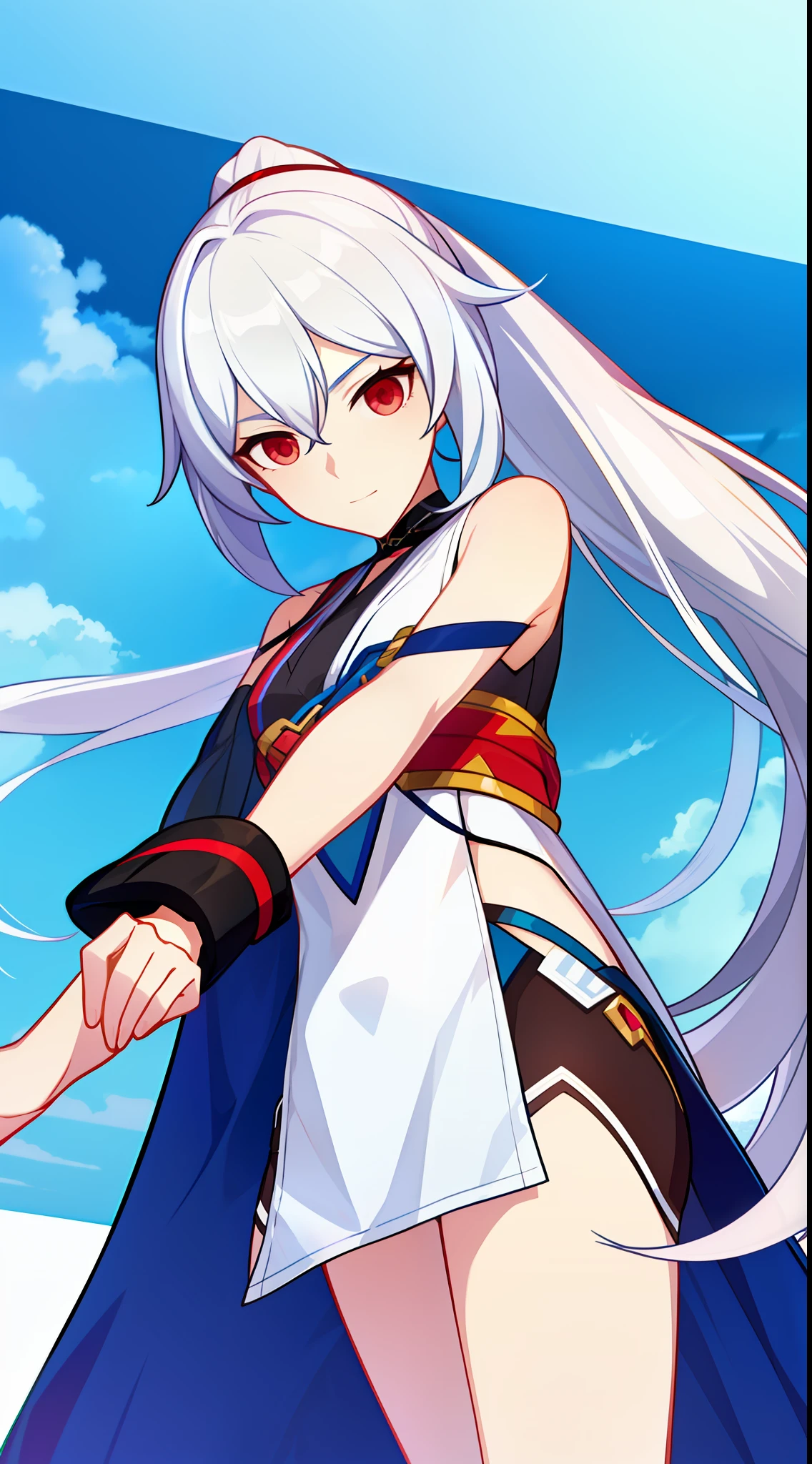Young guy, Long white hair, high ponytail, red eyes, Blue sleeveless kimono, ssmile, Masterpiece, hiquality