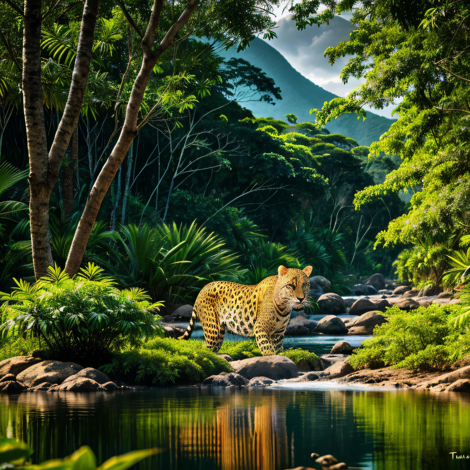 leopard in sunset in a tropical forest stream enjoying the water surrounded by lush green foliage and in the background mountains. Cinematic lighting. using telephoto lens f/4 --auto