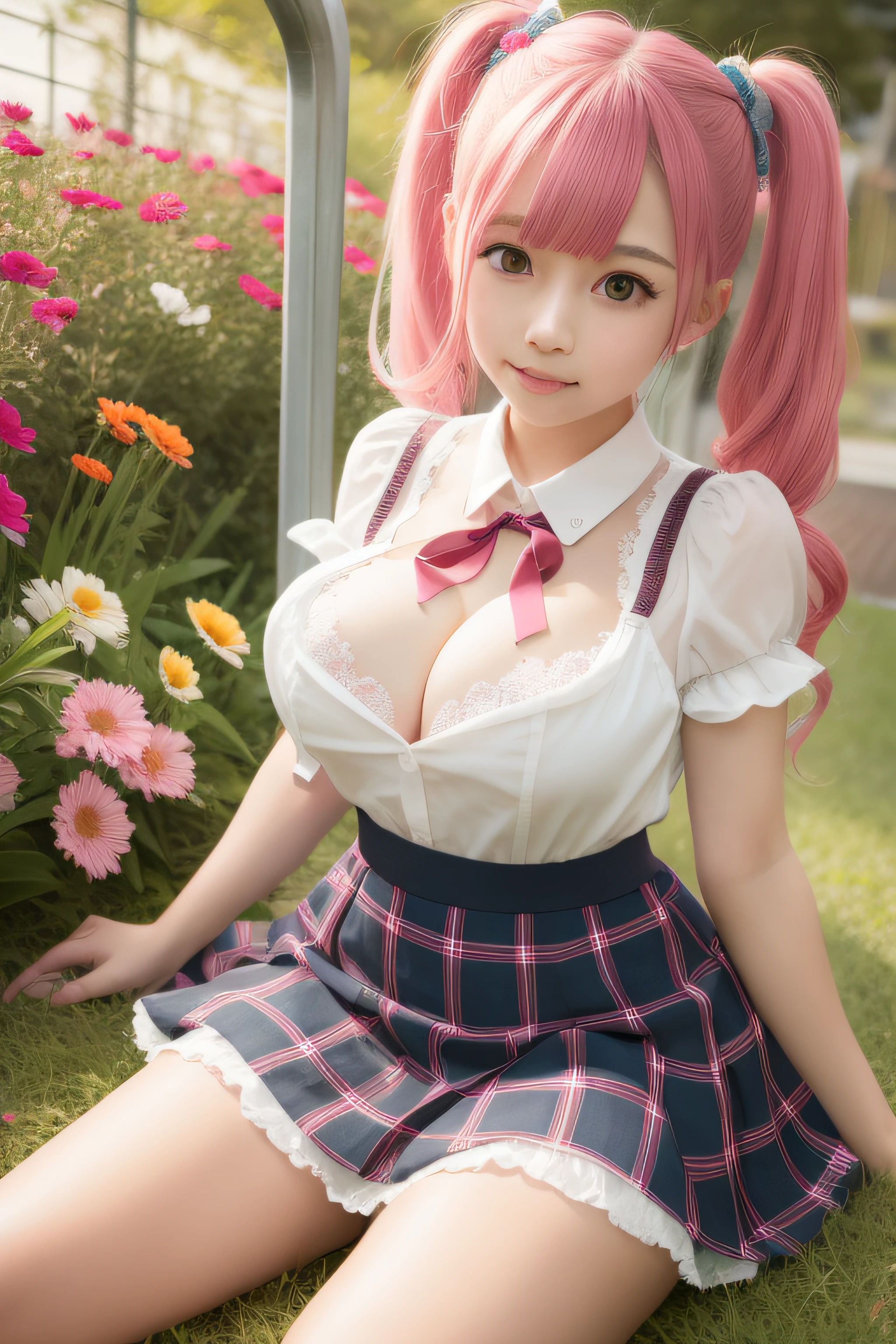 A schoolgirl、eighteen years old、Kawaii face、Burst breasts、White panty、Big cute ribbon、Bunny Girl、Pink hair、twintails、red-eyed、grassy plains、Flower Garden、Bright flowers、Gentle light、Only breasts are sticking out of the blouse