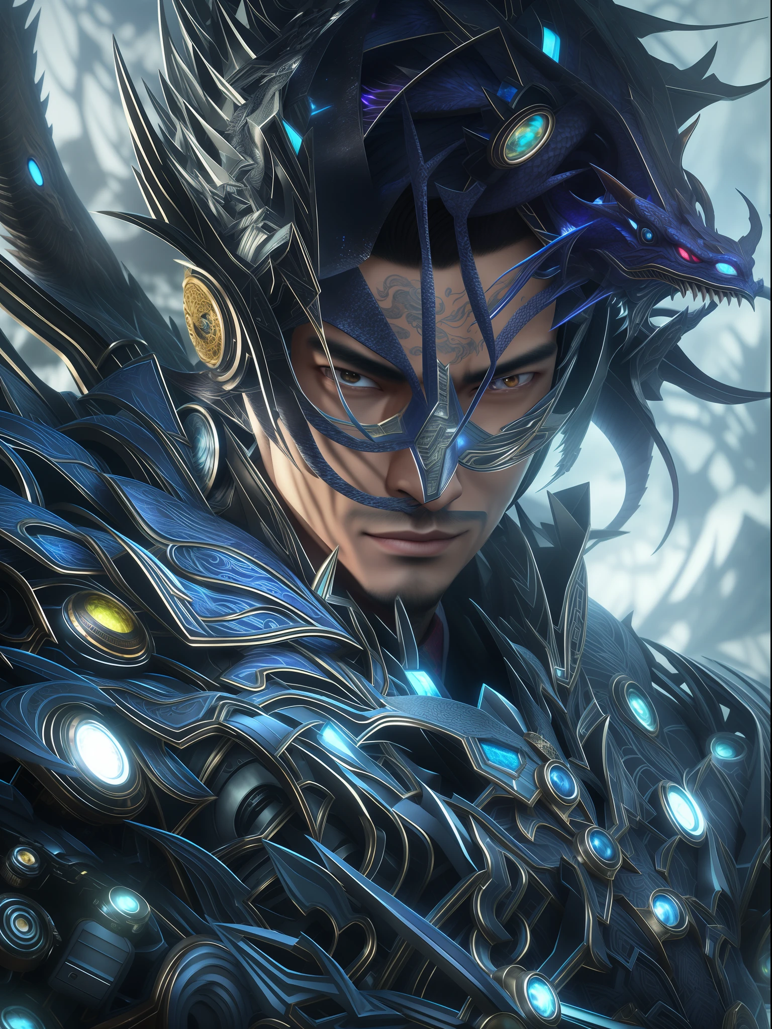 Surreal, 3DCG, Photography of handsome Chinese man, Skin texture details, Dragoon, Holographic dragon, tattooed face, Soul Games, Epic camera moments, Vintage masks, futurism, Complex details, High quality, 16k VRAY, View above the waist, illusion engine, rendering by octane, high details --ar 3:4 --s 400