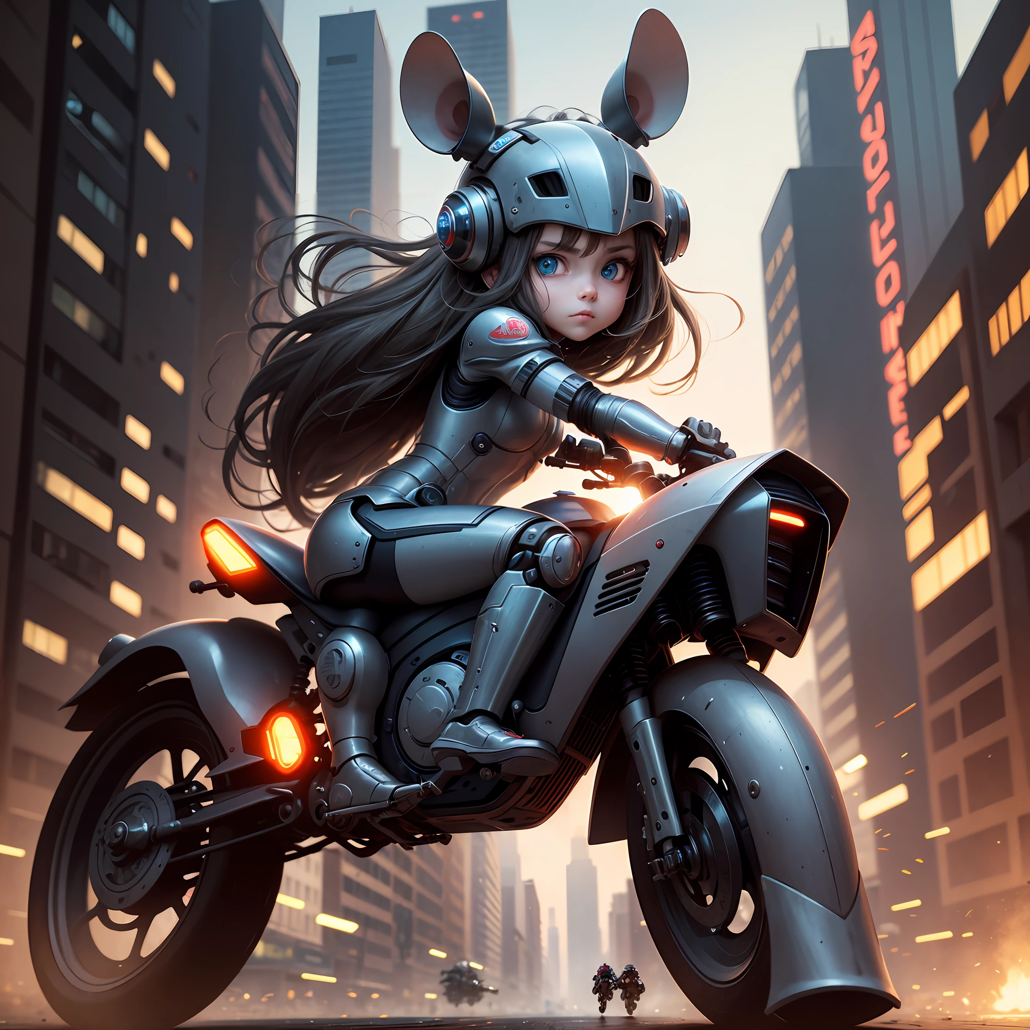 (best qualtiy,hyper HD:1.2)(Rat robot),(Melancholy eyes)),(Kind face),(Run on the streets of the city of the future),(Riding a warrior on his body) --auto
