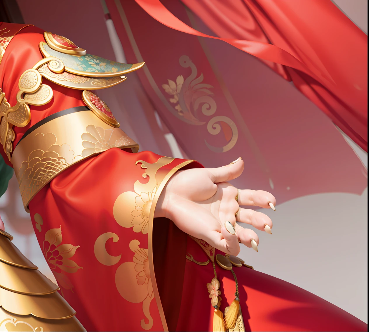 China-style，Chinesedress，mano，perfect hand，Accurate hands，Metal edges，Textured，Pattern，Pedras preciosas，Refinement，Fine painting，Refinement，infinite details