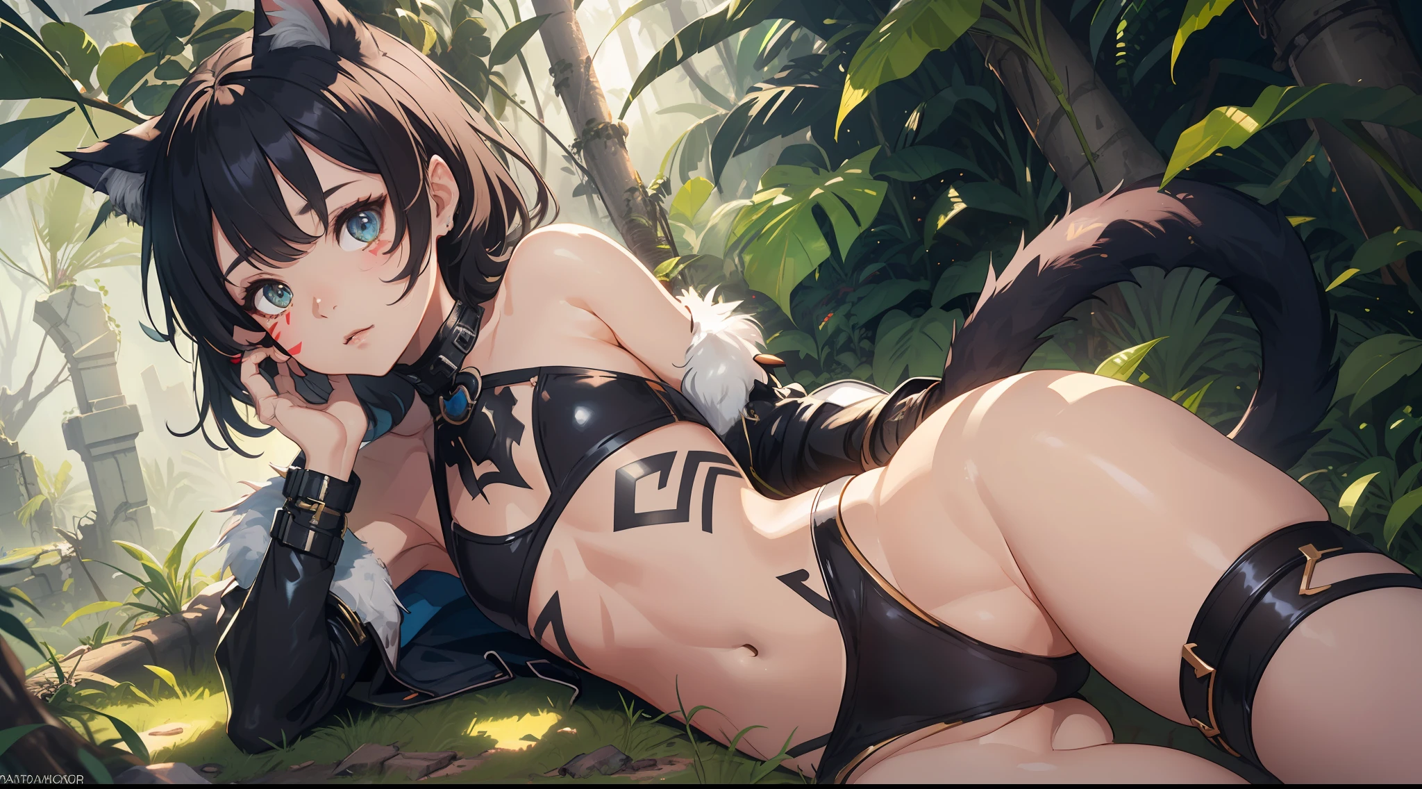 A highly detailed pov illustration of (((female, cat ears, cat tail, young, petite, flat chest, young, lithe, tribal catgirl, flat chest, small breasts, a-cup, ultra petite body))), ((lying seductively with a large black panther, overgrown ruins)), (detailed eyes, ultra detailed eyes), viewed from behind, close-up, blushing heavily, ((detailed cameltoe)) mons visible, inguinal crease, showing off body, ((primitive tribal outfit, exploring, tribal body markings)), (detailed fur texture, detailed fur), detailed background, dense jungle, ruins covered in vines, by sandra chevrier and greg rutkowski and wlop, bright light, digital art, highly detailed, fine detail, intricate, ornate, complex, octane render, unreal engine, photorealistic, 8k, 16k,
