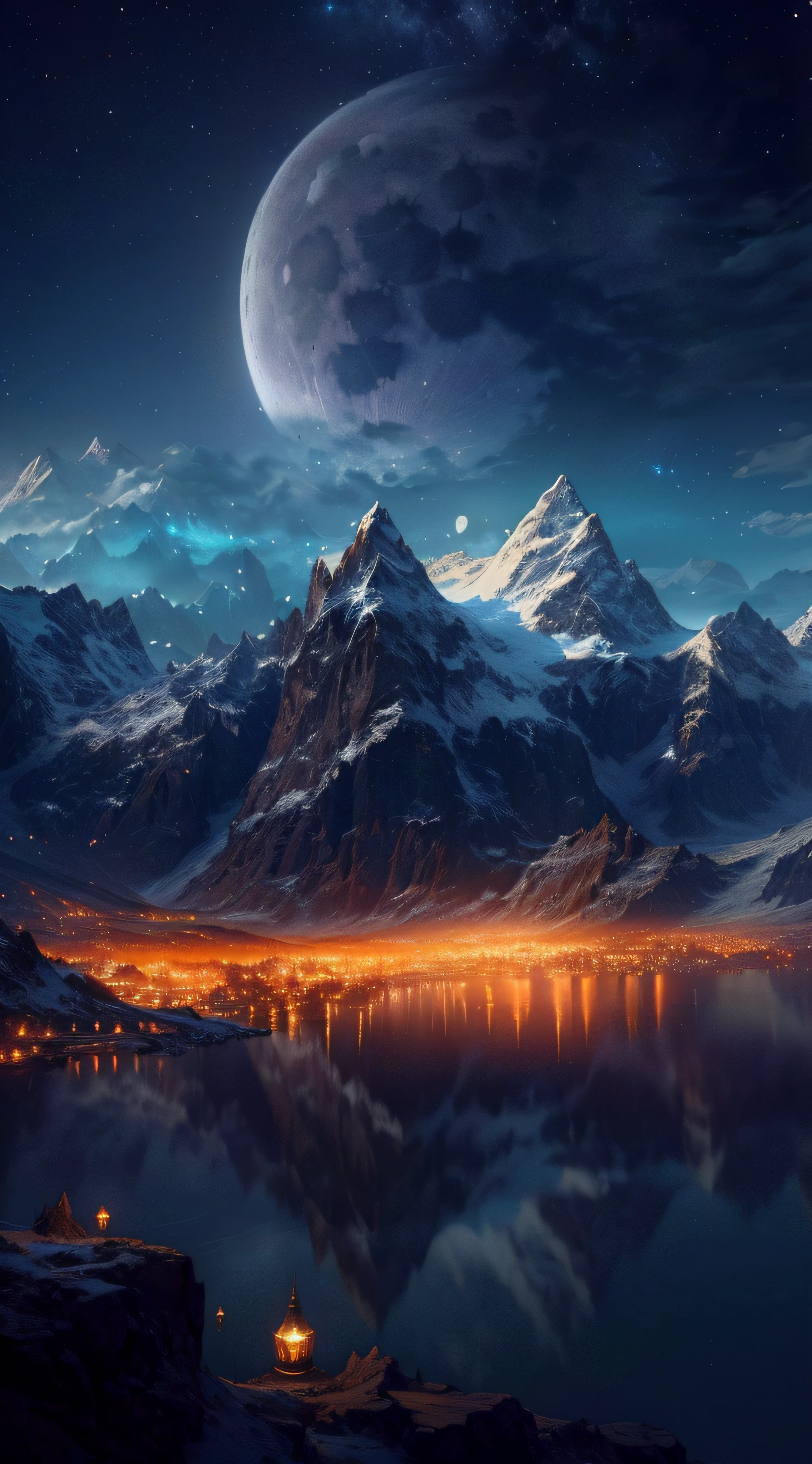 mountains and a lake with a moon in the sky, 4k highly detailed digital art, 4 k hd wallpaper very detailed, impressive fantasy landscape, sci-fi fantasy desktop wallpaper, unreal engine 4k wallpaper, 4k detailed digital art, sci-fi fantasy wallpaper, epic dreamlike fantasy landscape, 4k hd matte digital painting, 8k stunning artwork