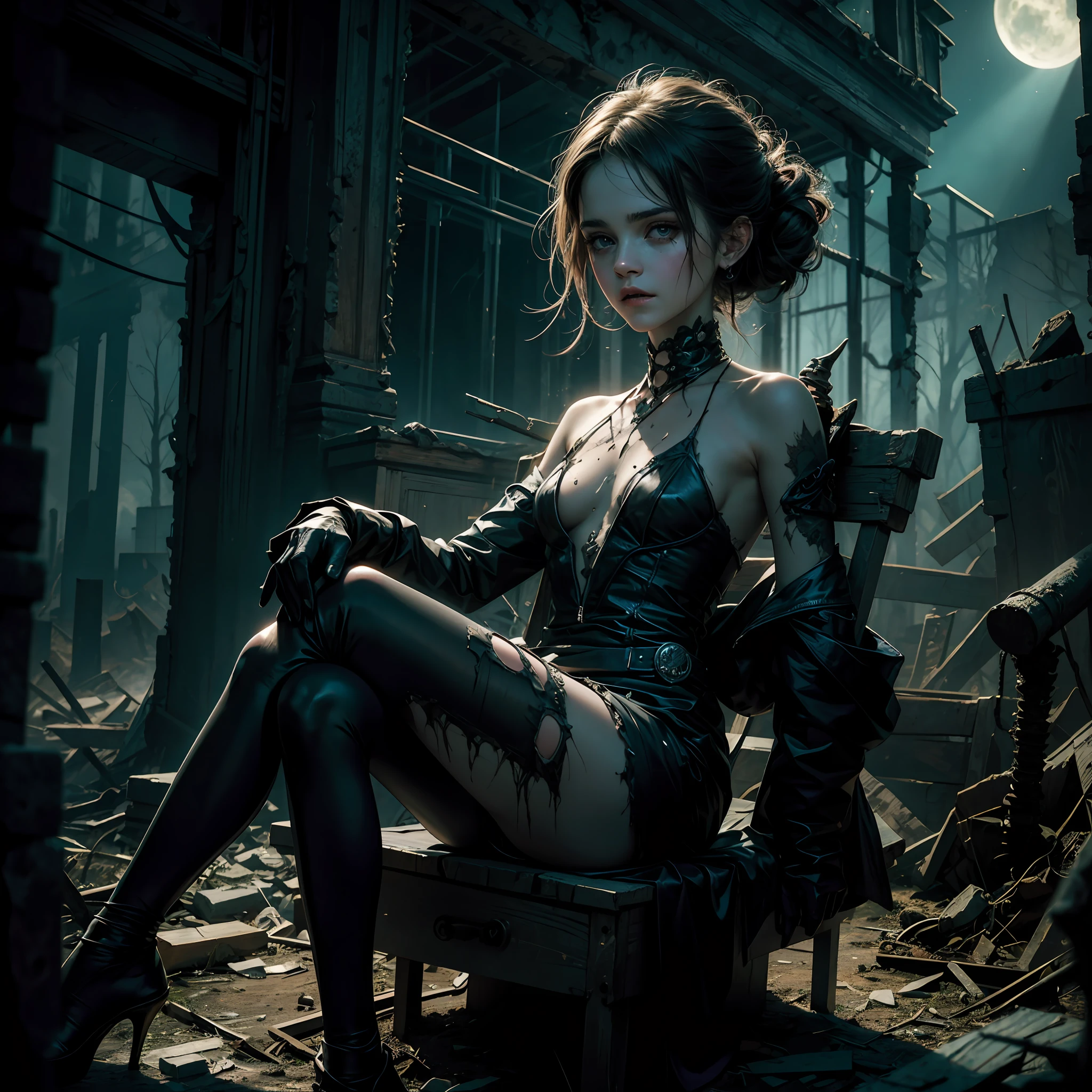 a hauntingly beautiful emma watson as a zombie girl emerges from the shadows. Her once vibrant and youthful features are now marred by the unmistakable signs of decay, creating a striking juxtaposition of ethereal beauty and the macabre. Her flesh, pallid and decaying, clings loosely to her athletic frame, revealing the bones beneath. The fabric, stained and torn, offers glimpses of the decaying flesh beneath, a testament to the passage of time and the relentless grasp of the apocalypse.
sitting on a fence amidst the desolate landscape, a forgotten world in ruins. Crumbling buildings stand as grim reminders of a bygone era, their skeletal remains a backdrop to the eerie atmosphere that surrounds her. Glowing eyes, an eerie luminescence piercing the darkness, accentuate her supernatural presence. The pale light that emanates from her decaying skin casts an otherworldly glow, evoking a sense of melancholy and otherworldly allure.