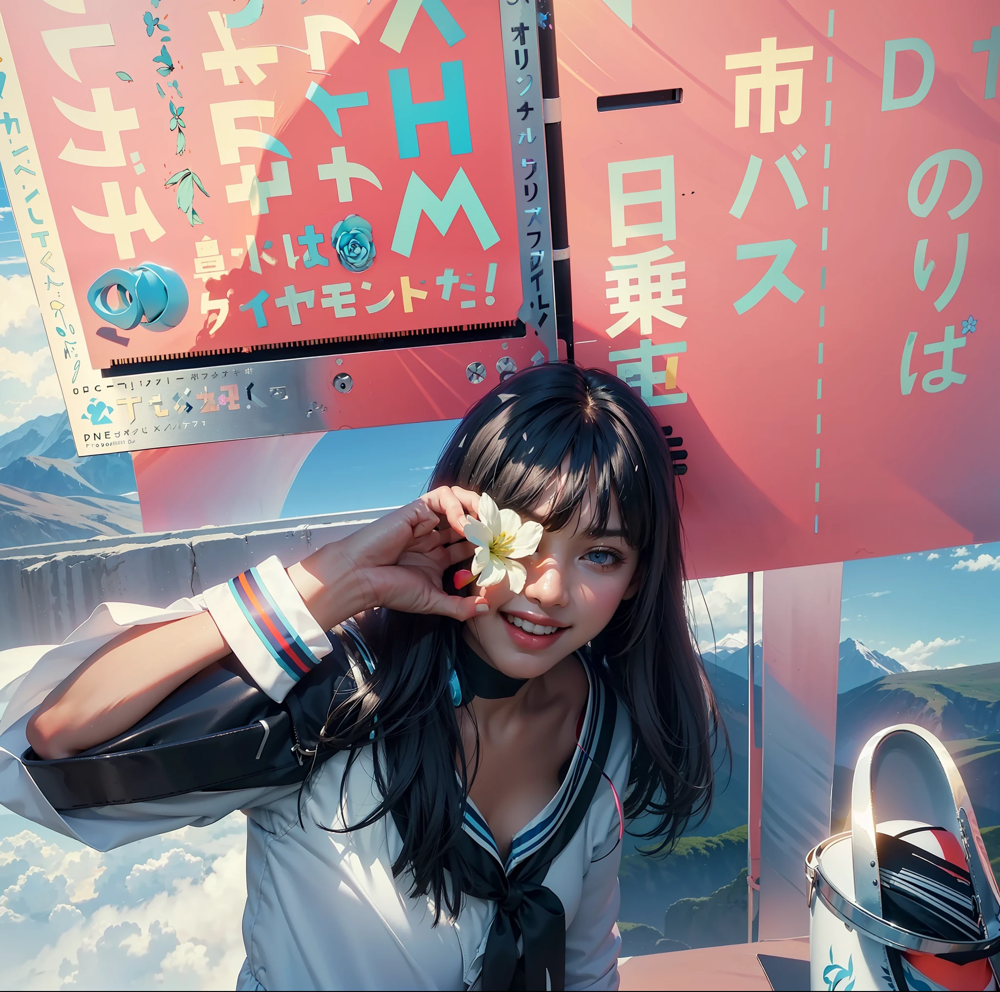 1girl, dynamic angle, cloud and mountain, (flower field:1.4) in the foreground, white dress, light tracing, (floating colorful wind:1)
(photorealistic:1.4), official art, unity 8k wallpaper, ultra detailed, beautiful and aesthetic, masterpiece,best quality, glowing skin, cinematic lighting, light smile