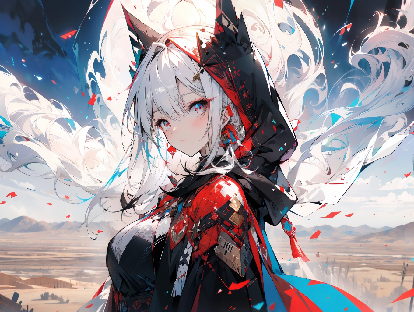"Epic desert daylight atmosphere, stunning 4k artwork showcasing an elegant milf with her white hair tied up. Her deep red eyes pierce through the scene as she gracefully dons a white heroine cloak and hood in the midst of the vast desert."