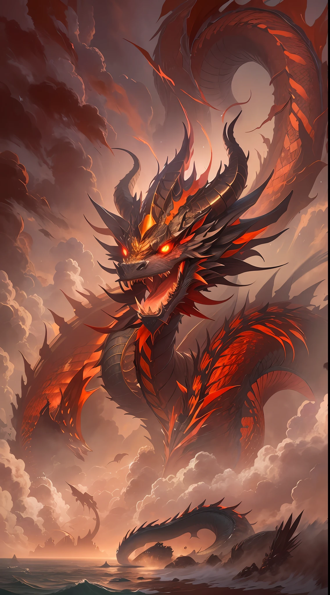 Dragon King，chinesedragon，（Pure red：1.3），Yellow glowing eyes，Delicate fur，Flowing red hair，Finely depicted face，dentes pontiagudos，Five claws，In the sky，rays of sunshine ，low-contrast，（Medium and near focal lengths：1.3），best qualityer，Extremely fine，Unlimited details，photograph of-realistic，HighestQuali，tmasterpiece，Premium wallpapers，8K,octaneratingrendering,（Don't appear in human form：1.4）