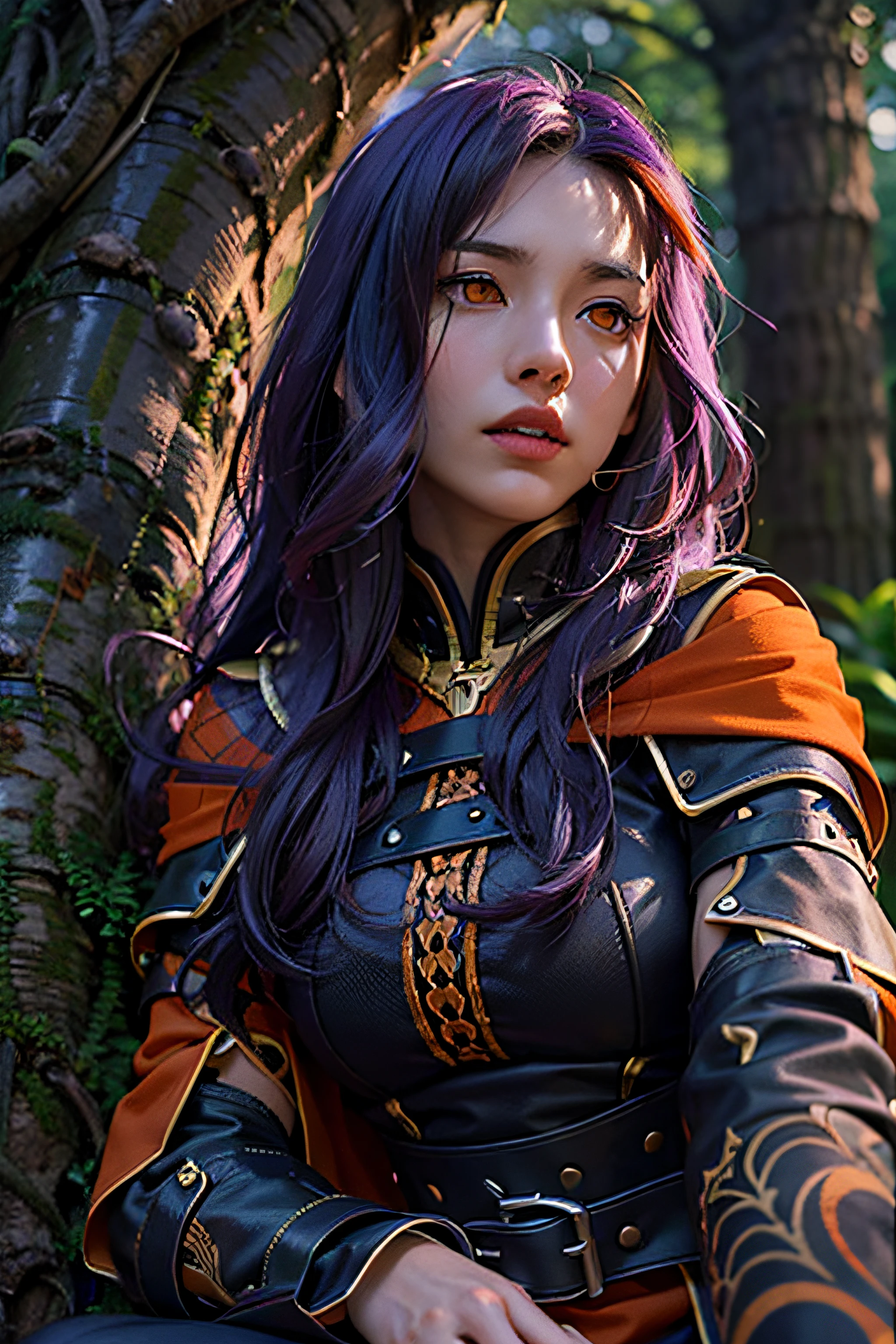 A medieval thief sits against a tree from being chased, 1girl, longhair, purple hair, (orange eyes:1.4), cowboy short, realistic, hyperdetail face, hyperdetail beautiful, sharp, realistic shadow, BLACK Medieval thieves costume, masterpiece, 8k, best quality, UHD, anatomically correct, textured skin, super detail, high details