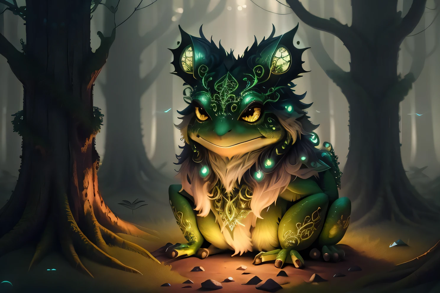photo of a creature, monster, magic-fantasy-forest, digital art, most amazing artwork in the world, ((no humans)),volumetric light, soft balanced colours, forest scenery, vines, uhd, 8k octane render, magical, amazing, ethereal, intricate, intricate design, ultra sharp, shadows, cooler colors, trending on cgsociety, glowing eyes, ((best quality)), ((masterpiece)), (detailed),frog