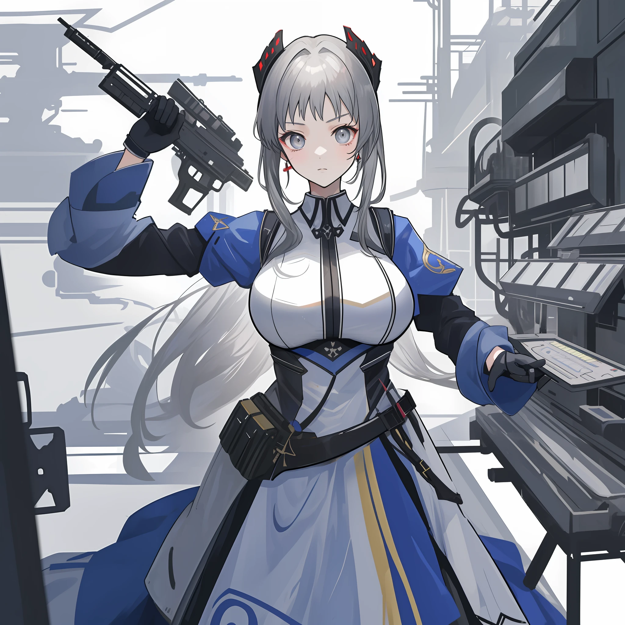 anime big breast、A sexy、Girl vs、The dim，guns，army suit，blacksilk，long whitr hair，Gray hair，Machine girl，sci-fy