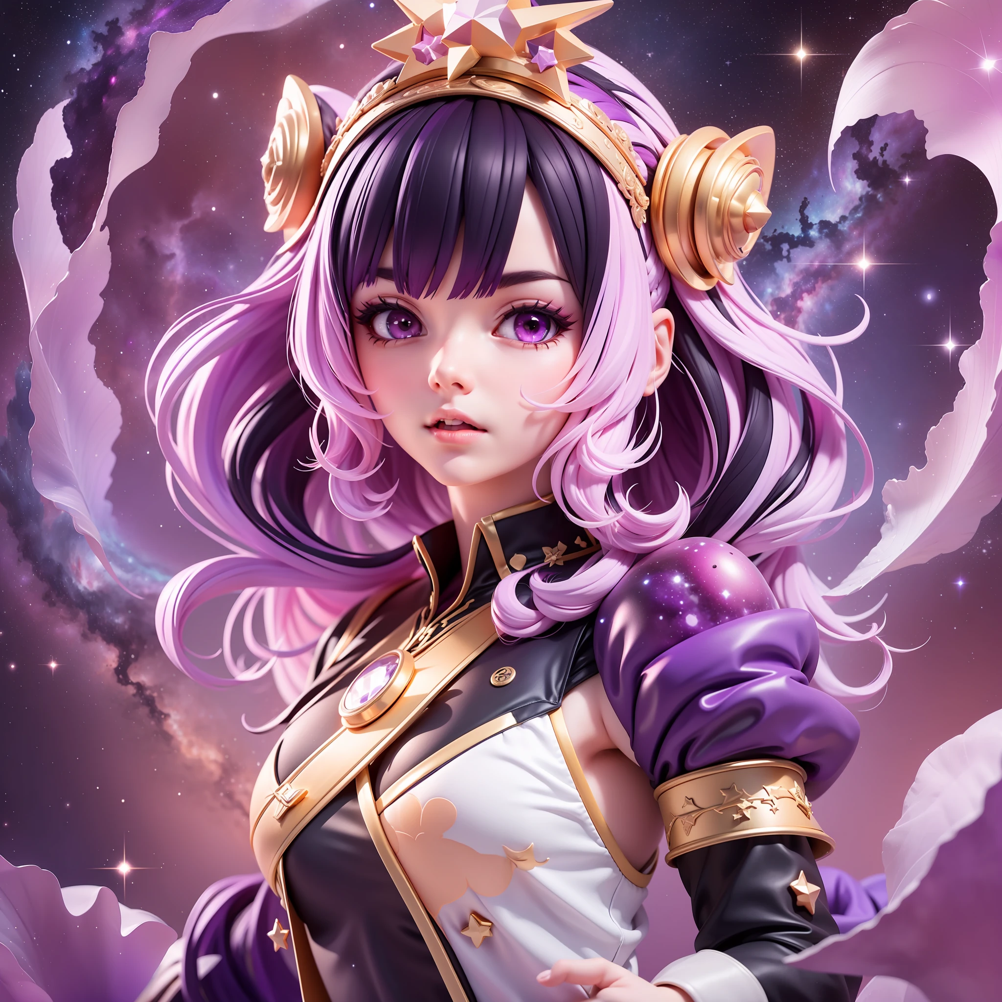 (the Extremely Detailed CG Unity 8K Wallpapers,masutepiece, Best Quality, Ultra-detailed),(Best Illumination, Best Shadow, extremely delicate and beautiful), floating, colorful galaxy, Dynamic Pose, (1girl in), Purple eyes, (Black hair, grape purple hair:1.3, Light pink hair:1.2, starry galaxy hair:1.5), celestial armor, starryskybackground, cosmic dust, nebulas, galaxy cluster, Volumetric Lights.