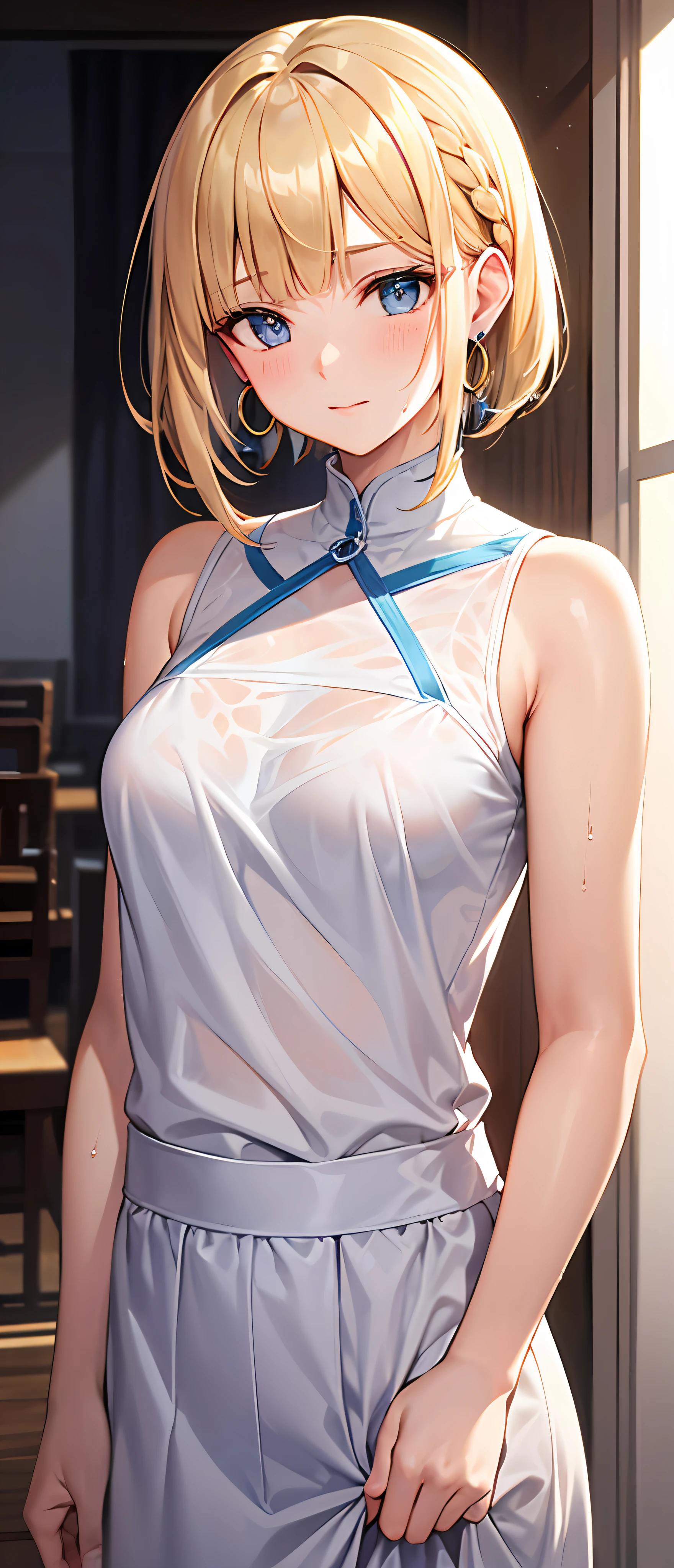 best quality,masterpiece,shiny blonde,blue eyes,white clothes, look down on, upper body,hair strand,Fair skin,short bob,wet through,french braid,blushing and red,blunt bangs,hoop earrings,gladient hair,left sideburn is longer than right one