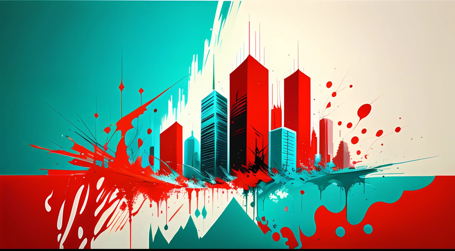 (abstract:0.8), modern art painting, surgical brushstrokes over paint splashes, haze, worm's view of skyscrapers, cyan, white and red --auto