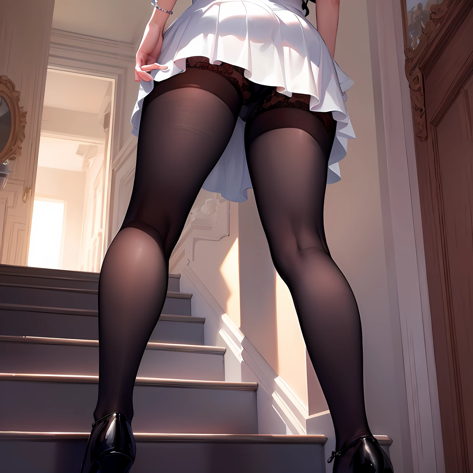 Photo level、Realistic beauty woman、Looking up from the bottom of the stairs、Woman with big breasts in white mini skirt standing on stairs、Black lace underwear visible、８From the rear、Rear view, tights