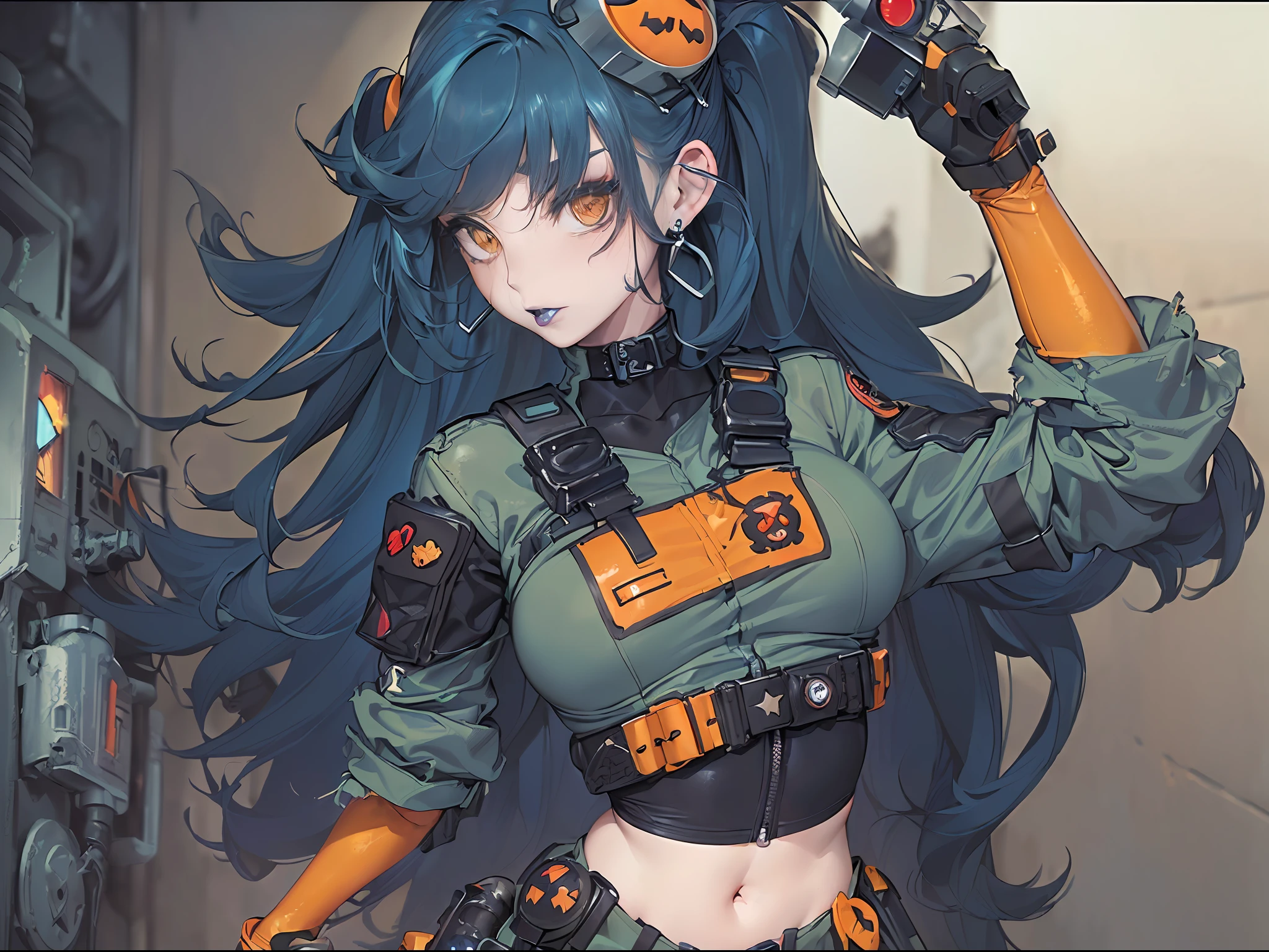 (masterpiece), best quality, expressive eyes, perfect face, ((Kylie Griffin from Extreme Ghostbusters cartoon)), ((Kylie Griffin)), (pale skin, eyeshadow, goth makeup), with monster ghost, ghost small short , ((ghost, (ghostbusters), ((ghostbusters patch on shoulder)), slender figure, (slim fit legs), small breasts, protruding, orange shoulder pads, proton pack on back, full body, (ahegao), very messy dark blue hair medium length, (dark blue lipstick), ankh earrings, proton gun, (brown kneepads, black steeltoe boots, black latex bike shorts), random suggestive pose, cameltoe, delight expression