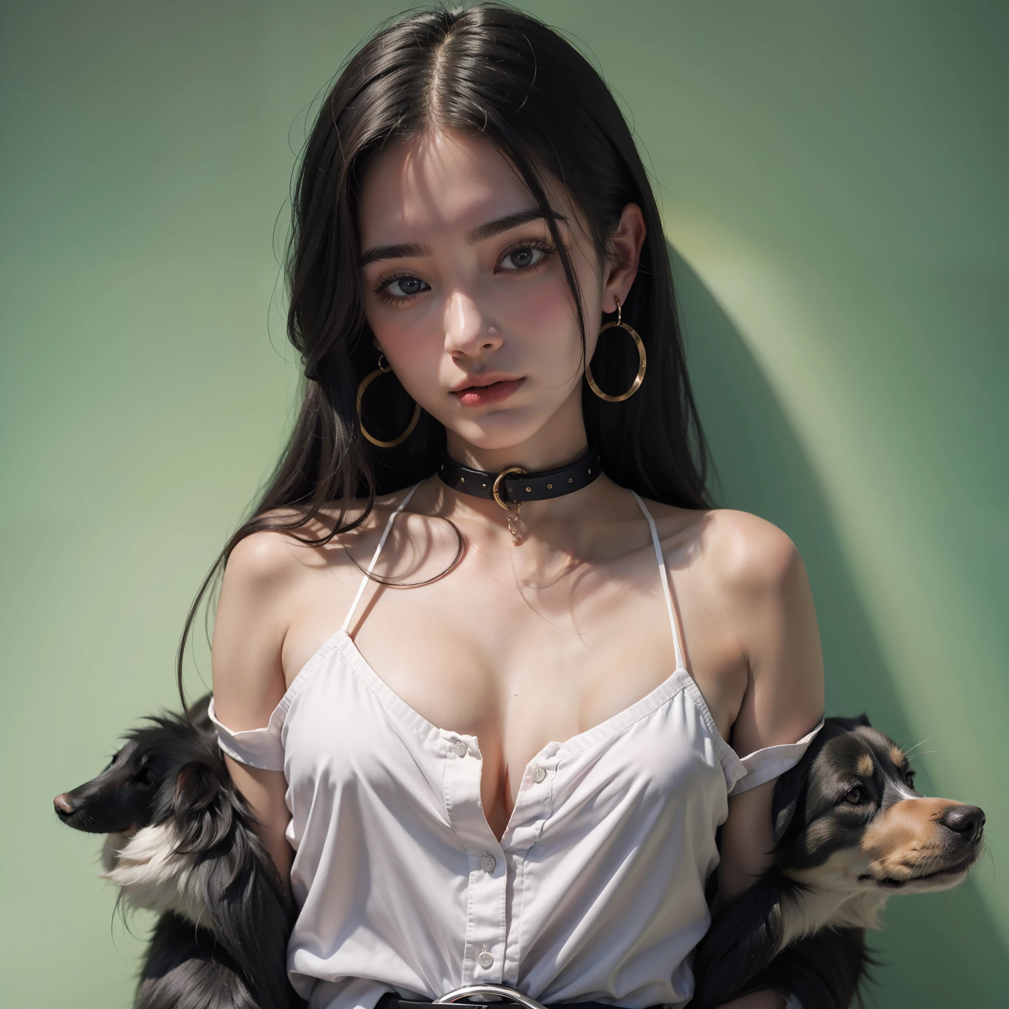 (masterpiece:1.2), realistic, photo of 18 y.o girl in a loose shirt(unbuttoned shirt), half, best quality, small breasts, Bare Shoulders, cleavage, nsfw, [[Hands hidden behind the back]], earrings, Complete shirts, dog leash collar, solo, [sfw],